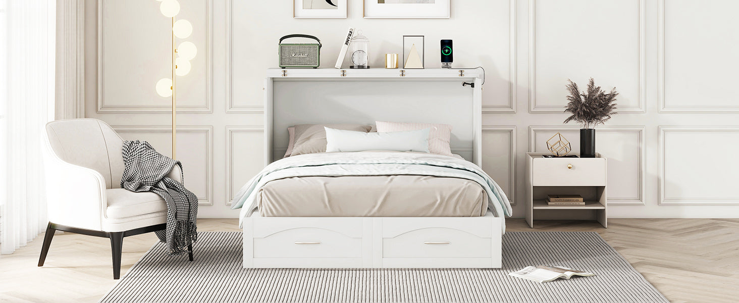 Full Size Murphy Bed Wall Bed With Drawer And A Set Of Sockets & Usb Ports, Pulley Structure Design, White White Solid Wood Mdf
