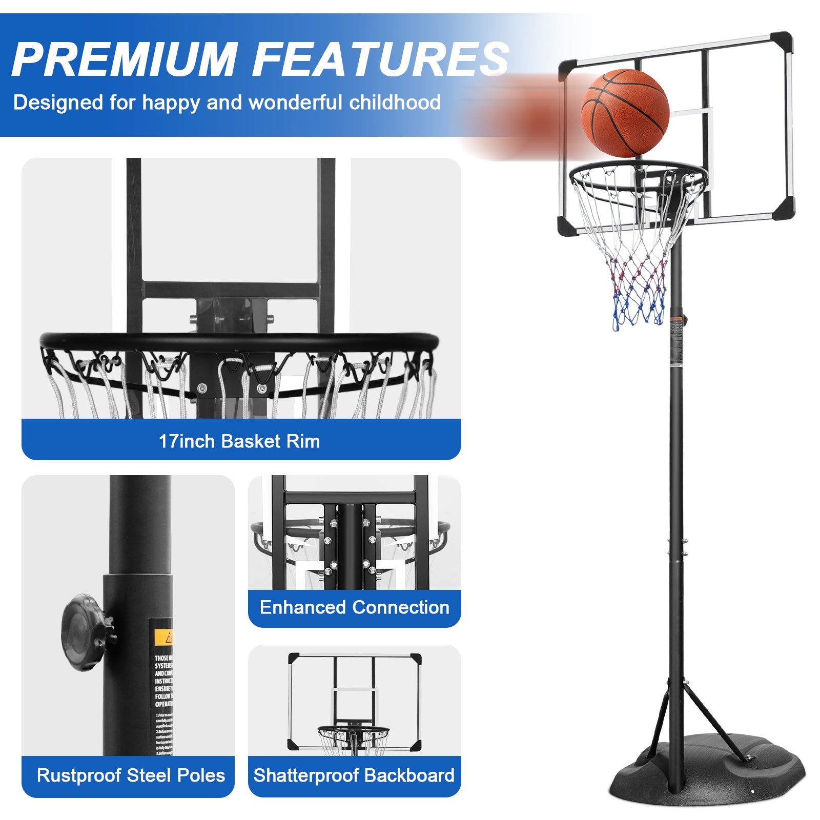 Portable Basketball Hoop System Stand Height Adjustable 7.5Ft 9.2Ft With 32 Inch Backboard And Wheels For Youth Adults Indoor Outdoor Basketball Goal Transparent Iron