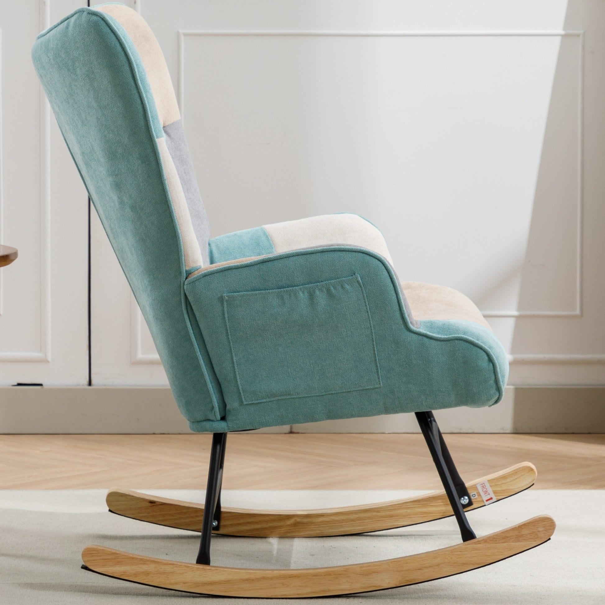 Modern Patchwork Accent Chair With Solid Wood Armrest And Feet, Mid Century Modern Accent Sofa, Fabric Sofa Chair For Living Room Bedroom Studio, Comfy Side Armchair For Bed Green Foam Cotton Linen