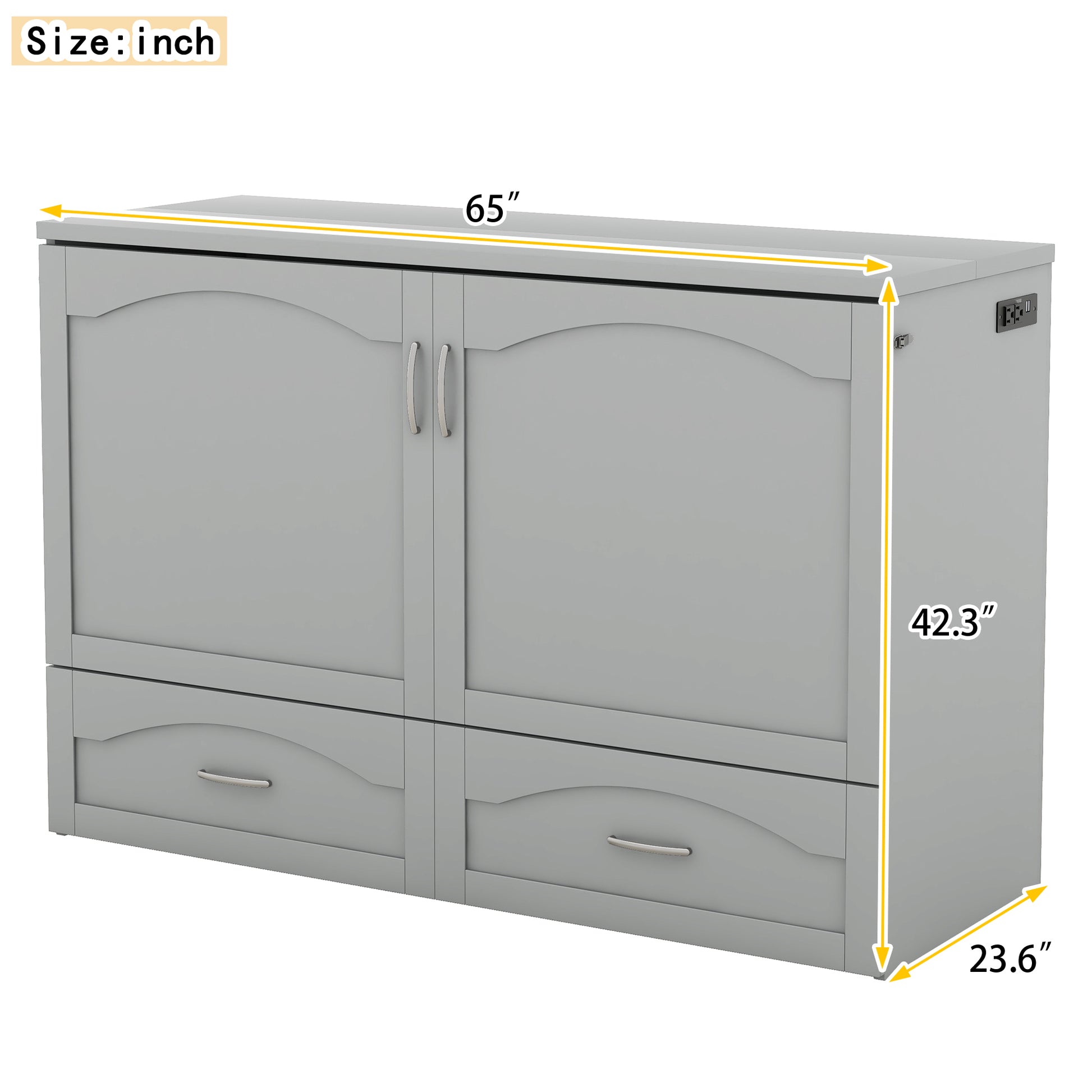 Queen Size Murphy Bed Wall Bed With Drawer And A Set Of Sockets & Usb Ports, Pulley Structure Design, Gray Gray Solid Wood Mdf