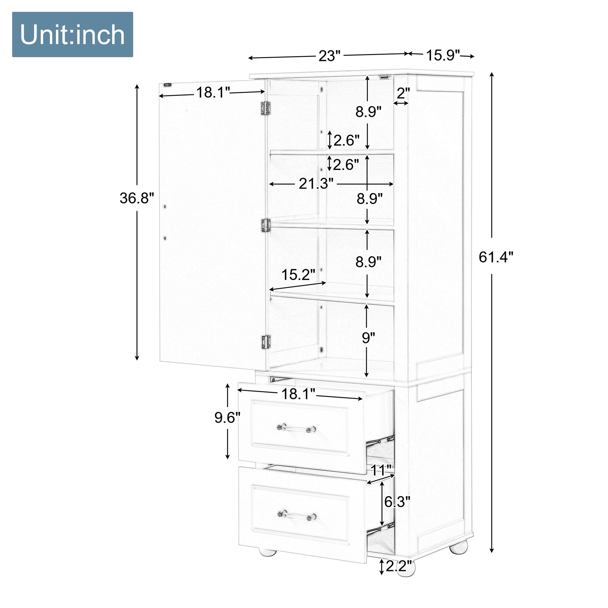 Tall Bathroom Storage Cabinet, Freestanding Storage Cabinet With Two Drawers And Adjustable Shelf, Mdf Board With Painted Finish, White White Mdf