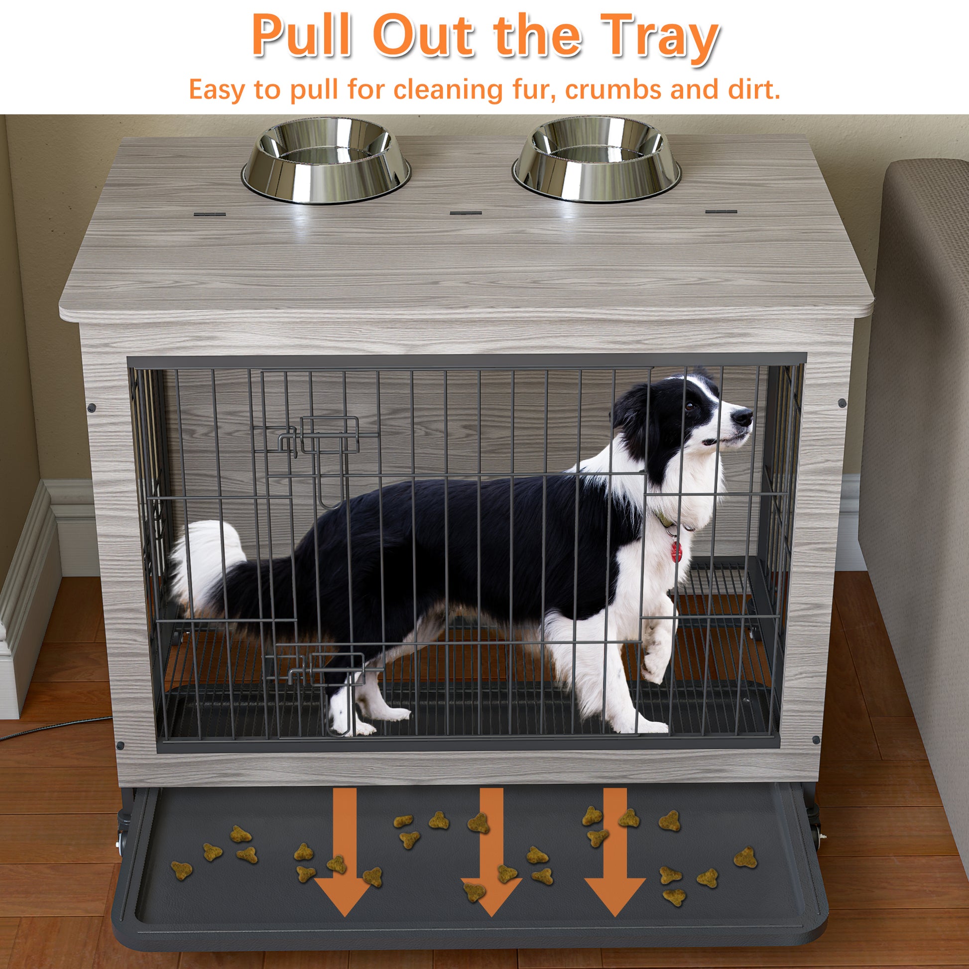 Dog Crate Furniture38'' Heavy Duty Wooden Dog Kennel With Double Doors & Flip Top For Large Dogs, Furniture Style Dog Crate End Table With Wheels, Grey 38.3"L X 23.4"W X 32"H Grey Solid Wood