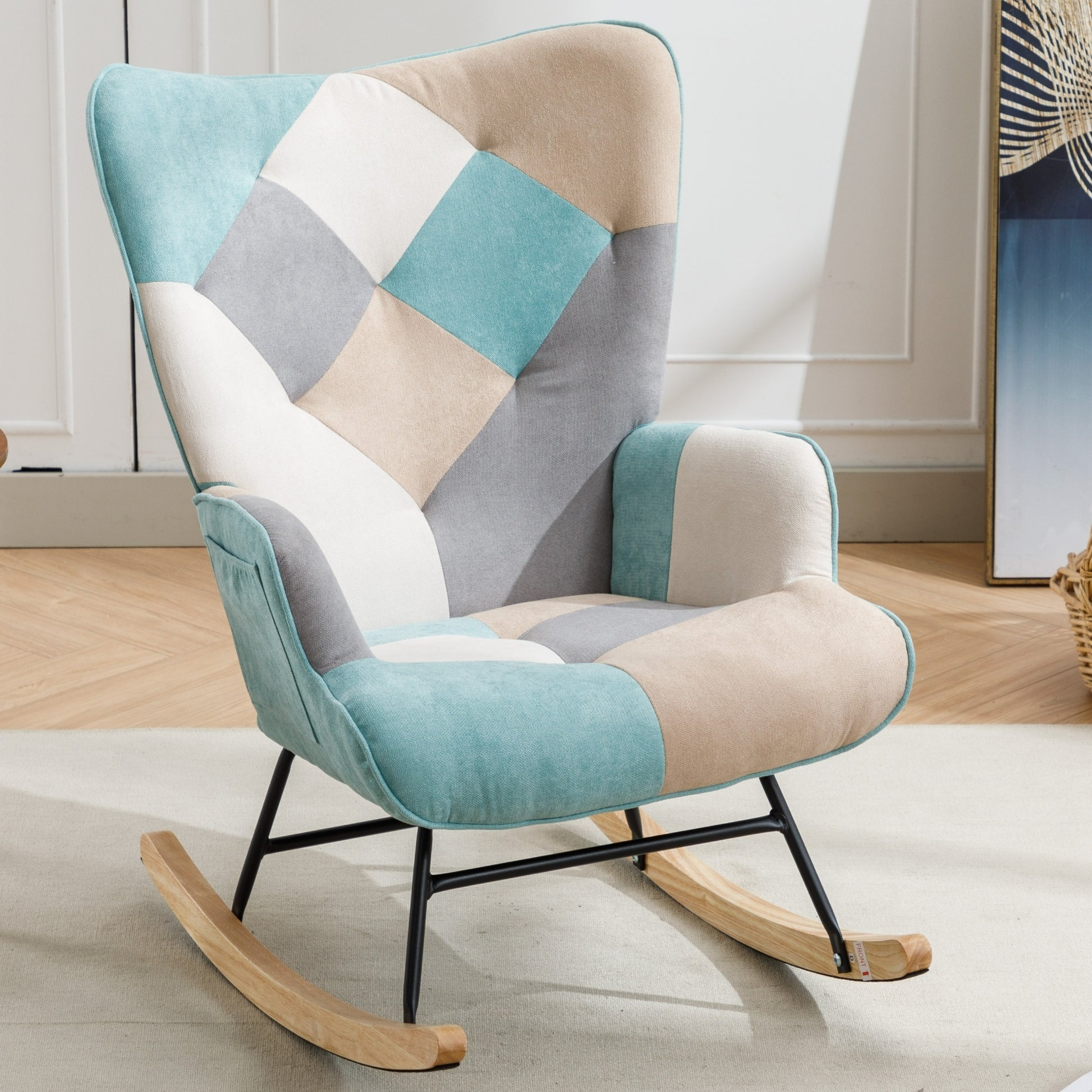 Modern Patchwork Accent Chair With Solid Wood Armrest And Feet, Mid Century Modern Accent Sofa, Fabric Sofa Chair For Living Room Bedroom Studio, Comfy Side Armchair For Bed Green Foam Cotton Linen