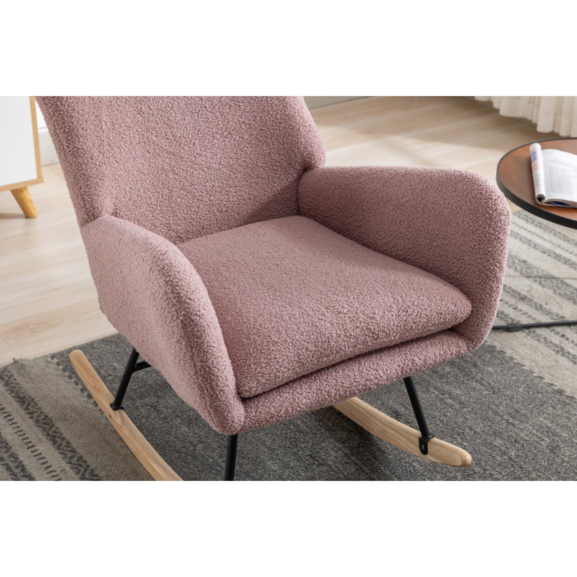35.5 Inch Rocking Chair With Pocket, Soft Teddy Fabric Rocking Chair For Nursery, Comfy Wingback Glider Rocker With Safe Solid Wood Base For Living Room Bedroom Balcony Pink Pink Casual Foam Teddy