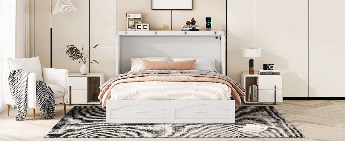 Queen Size Murphy Bed Wall Bed With Drawer And A Set Of Sockets & Usb Ports, Pulley Structure Design, White White Solid Wood Mdf