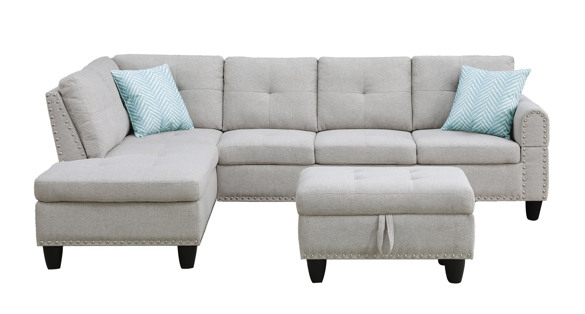 Alger 98" Wide Left Hand Facing Sofa & Chaise With Ottoman Light Gray Foam Linen
