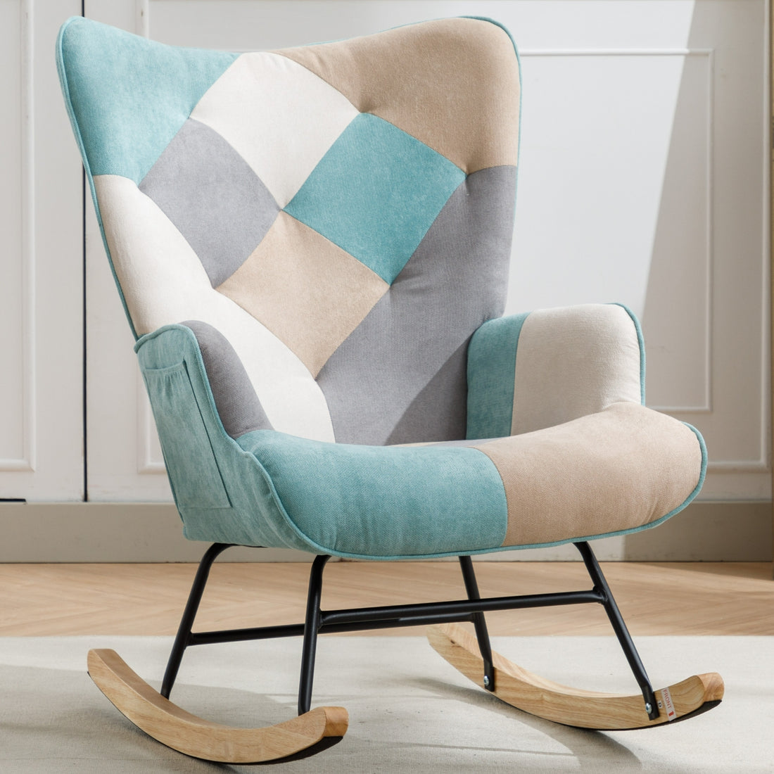 Modern Patchwork Accent Chair With Solid Wood Armrest And Feet, Mid Century Modern Accent Sofa, Fabric Sofa Chair For Living Room Bedroom Studio, Comfy Side Armchair For Bed Green Foam Cotton Linen