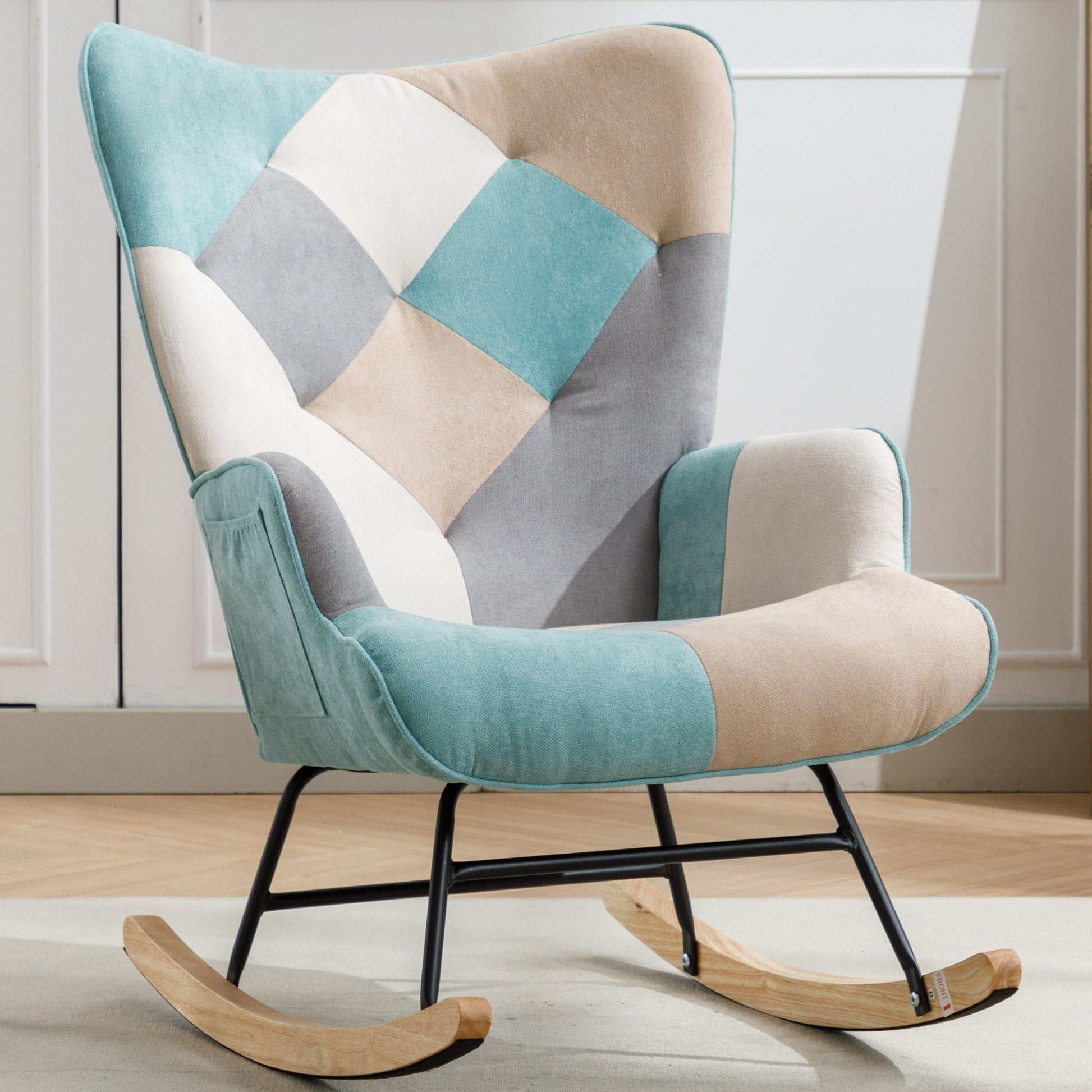 Modern Patchwork Accent Chair With Solid Wood Armrest And Feet, Mid Century Modern Accent Sofa, Fabric Sofa Chair For Living Room Bedroom Studio, Comfy Side Armchair For Bed Green Foam Cotton Linen