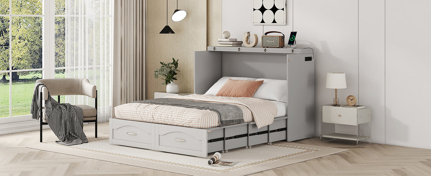 Full Size Murphy Bed Wall Bed With Drawer And A Set Of Sockets & Usb Ports, Pulley Structure Design, Gray Gray Solid Wood Mdf