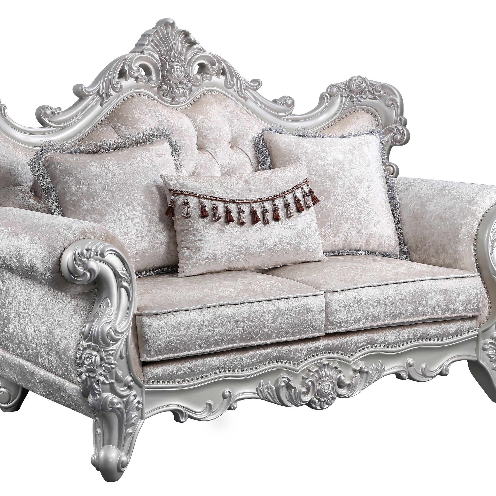 Melrose Traditional Loveseat Champagne With Silver Brush Silver Gray Chenille Wood Primary Living Space Traditional Wood