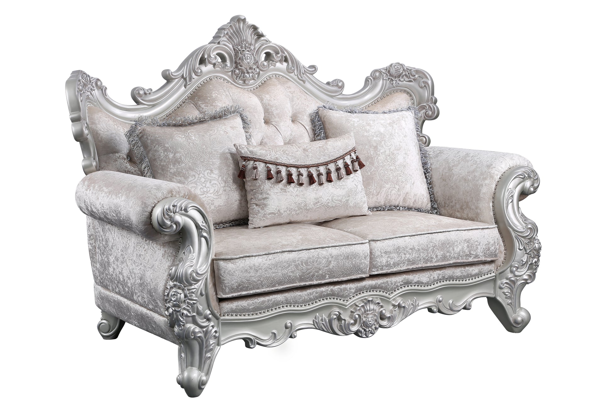 Melrose Traditional Loveseat Champagne With Silver Brush Silver Gray Chenille Wood Primary Living Space Traditional Wood