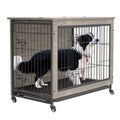 Dog Crate Furniture38'' Heavy Duty Wooden Dog Kennel With Double Doors & Flip Top For Large Dogs, Furniture Style Dog Crate End Table With Wheels, Grey 38.3