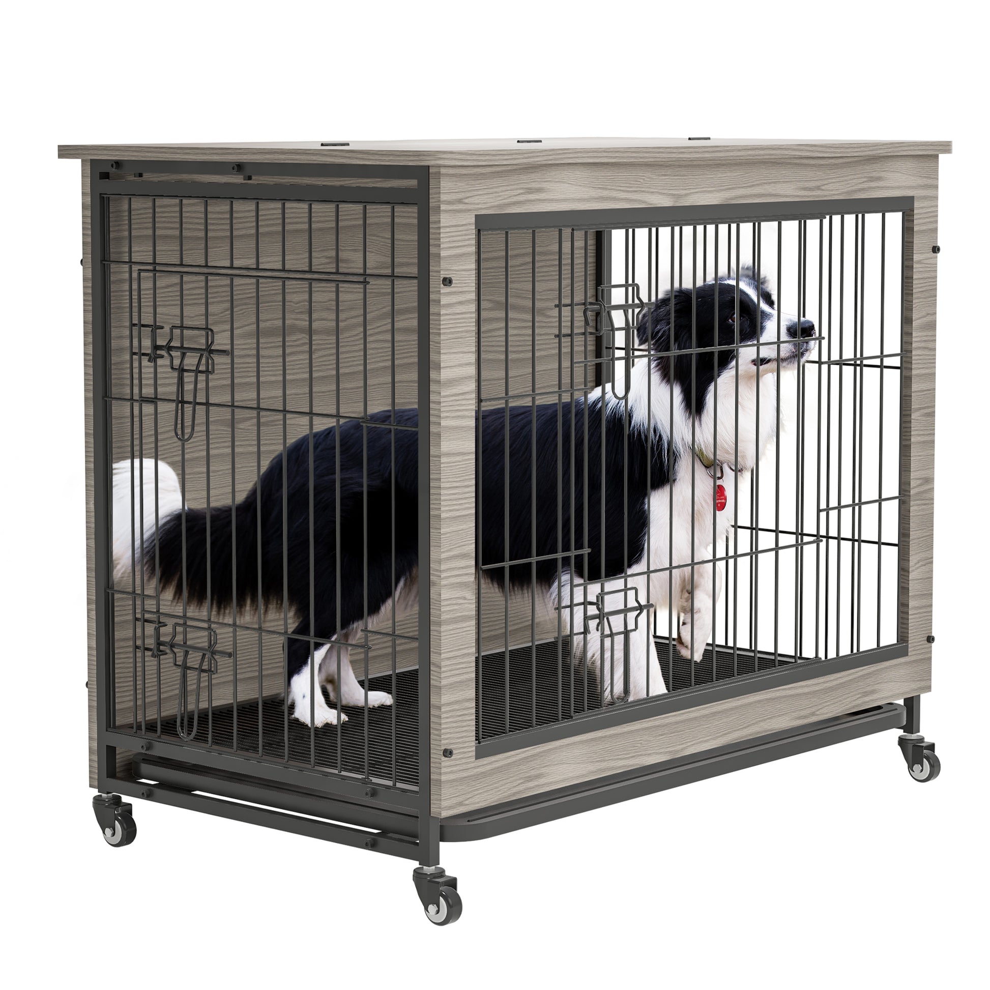 Dog Crate Furniture38'' Heavy Duty Wooden Dog Kennel With Double Doors & Flip Top For Large Dogs, Furniture Style Dog Crate End Table With Wheels, Grey 38.3"L X 23.4"W X 32"H Grey Solid Wood