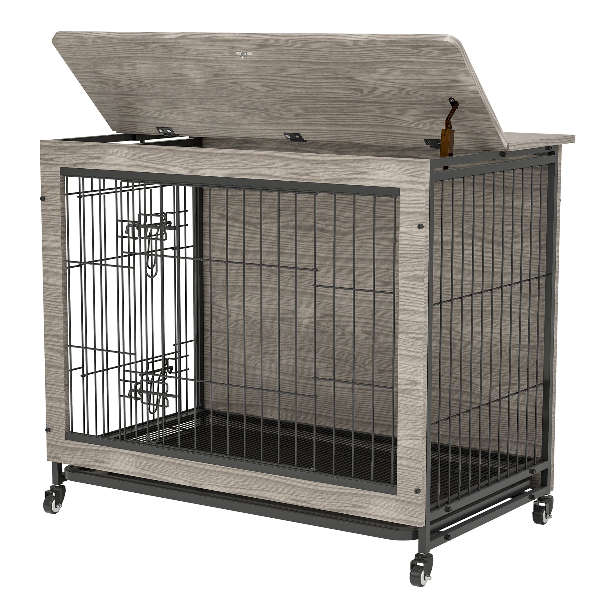 Dog Crate Furniture38'' Heavy Duty Wooden Dog Kennel With Double Doors & Flip Top For Large Dogs, Furniture Style Dog Crate End Table With Wheels, Grey 38.3"L X 23.4"W X 32"H Grey Solid Wood