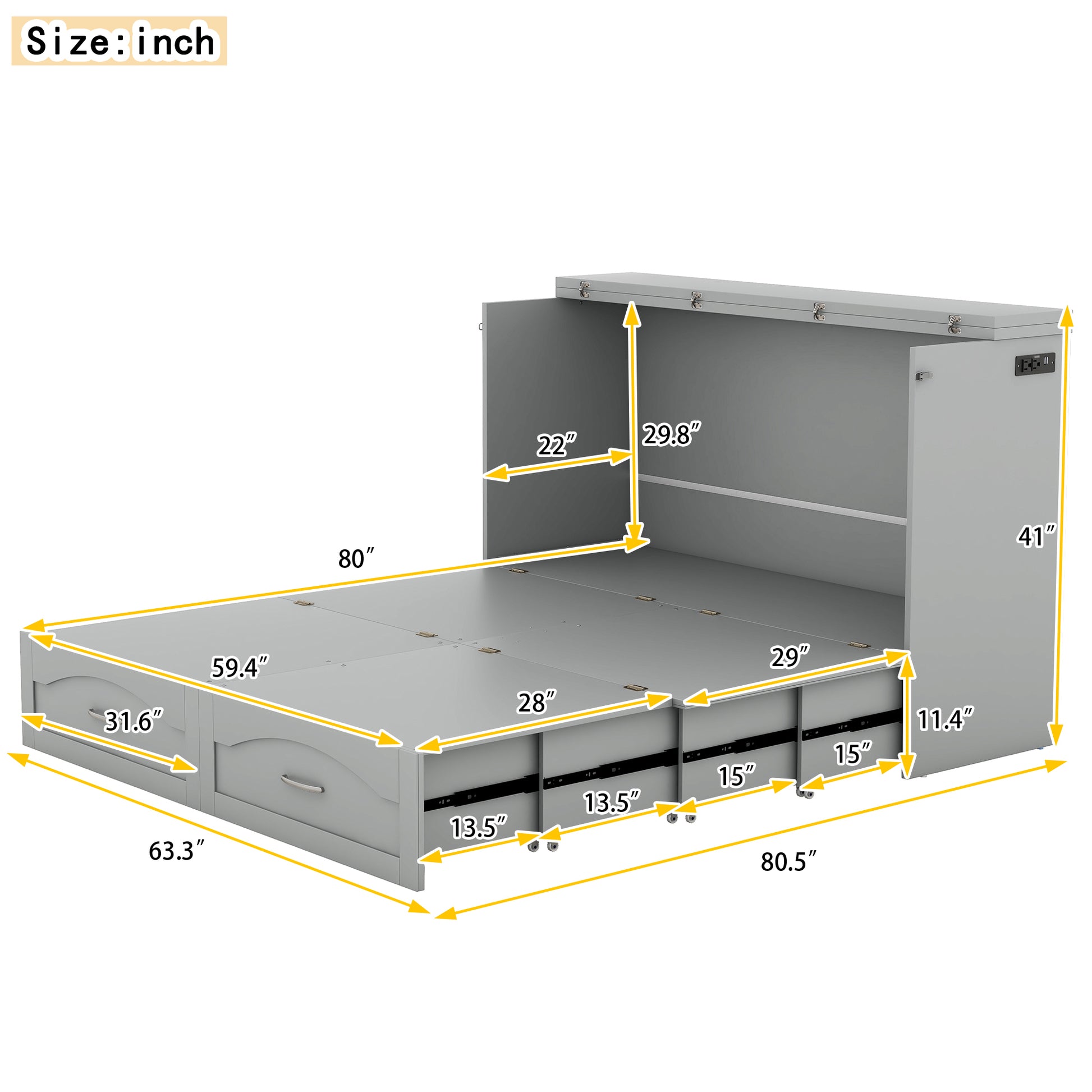 Queen Size Murphy Bed Wall Bed With Drawer And A Set Of Sockets & Usb Ports, Pulley Structure Design, Gray Gray Solid Wood Mdf