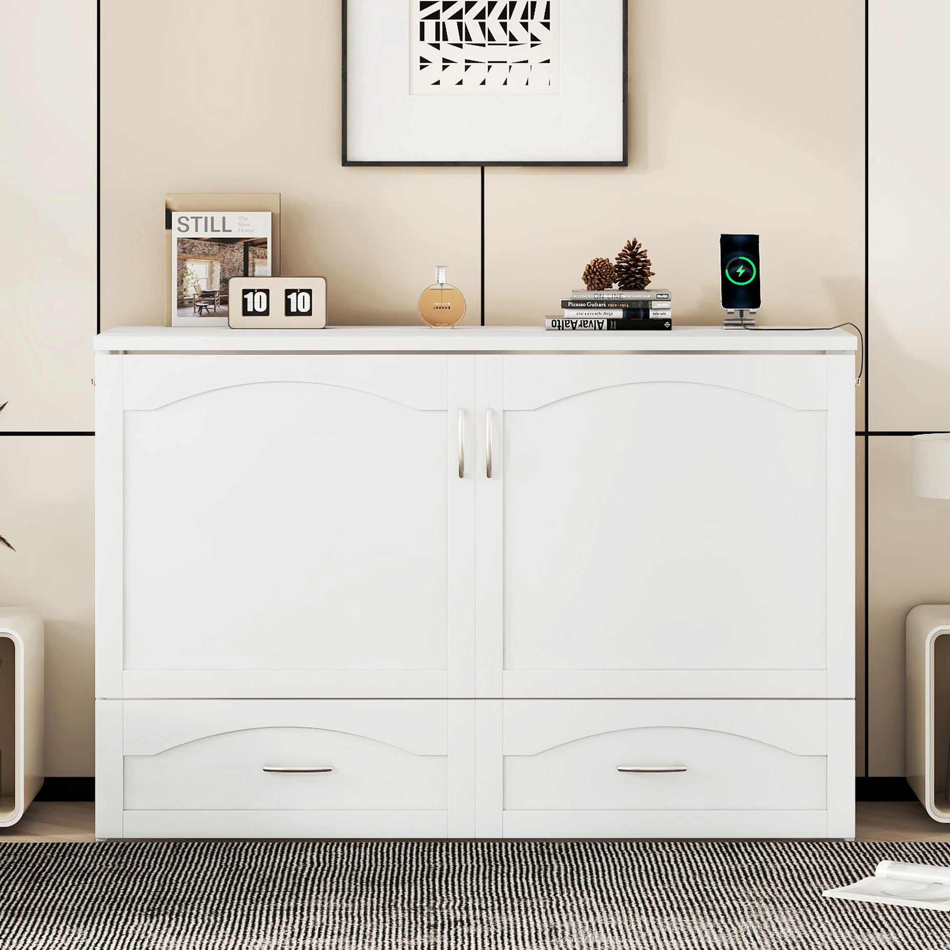Queen Size Murphy Bed Wall Bed With Drawer And A Set Of Sockets & Usb Ports, Pulley Structure Design, White White Solid Wood Mdf