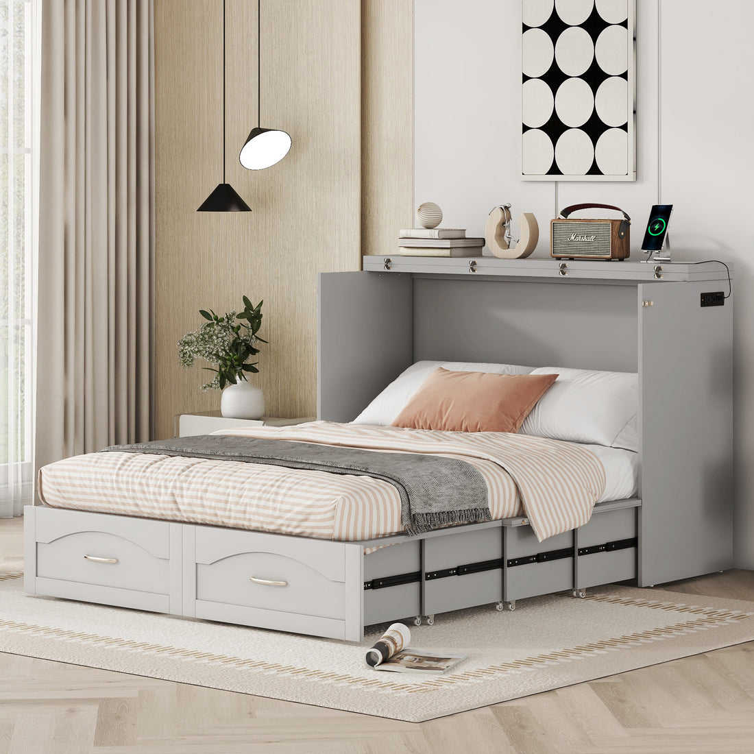 Full Size Murphy Bed Wall Bed With Drawer And A Set Of Sockets & Usb Ports, Pulley Structure Design, Gray Gray Solid Wood Mdf