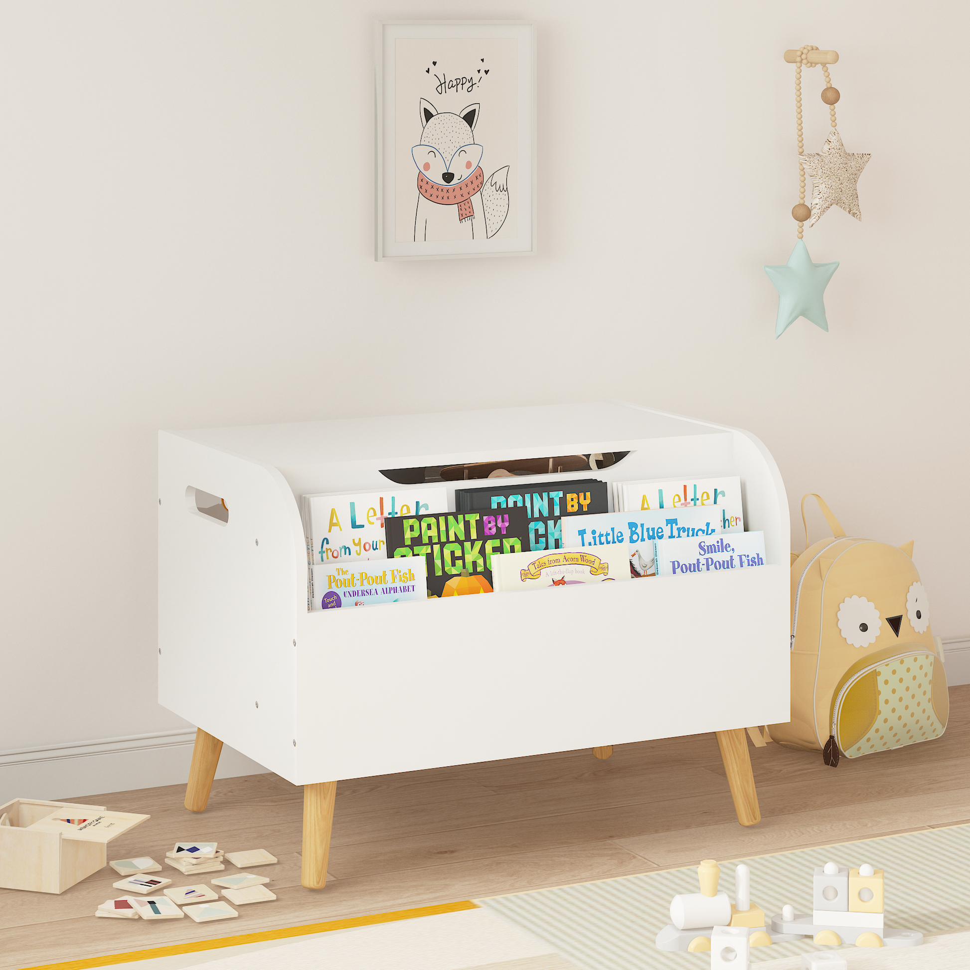 Wooden Toy Box, Kids Toy Storage Organizer With Front Bookshelf, Flip Top Lid, Safety Hinge, Boys Girls Toy Chest Bench For Playroom Kids Room Organization White White Solid Wood Mdf