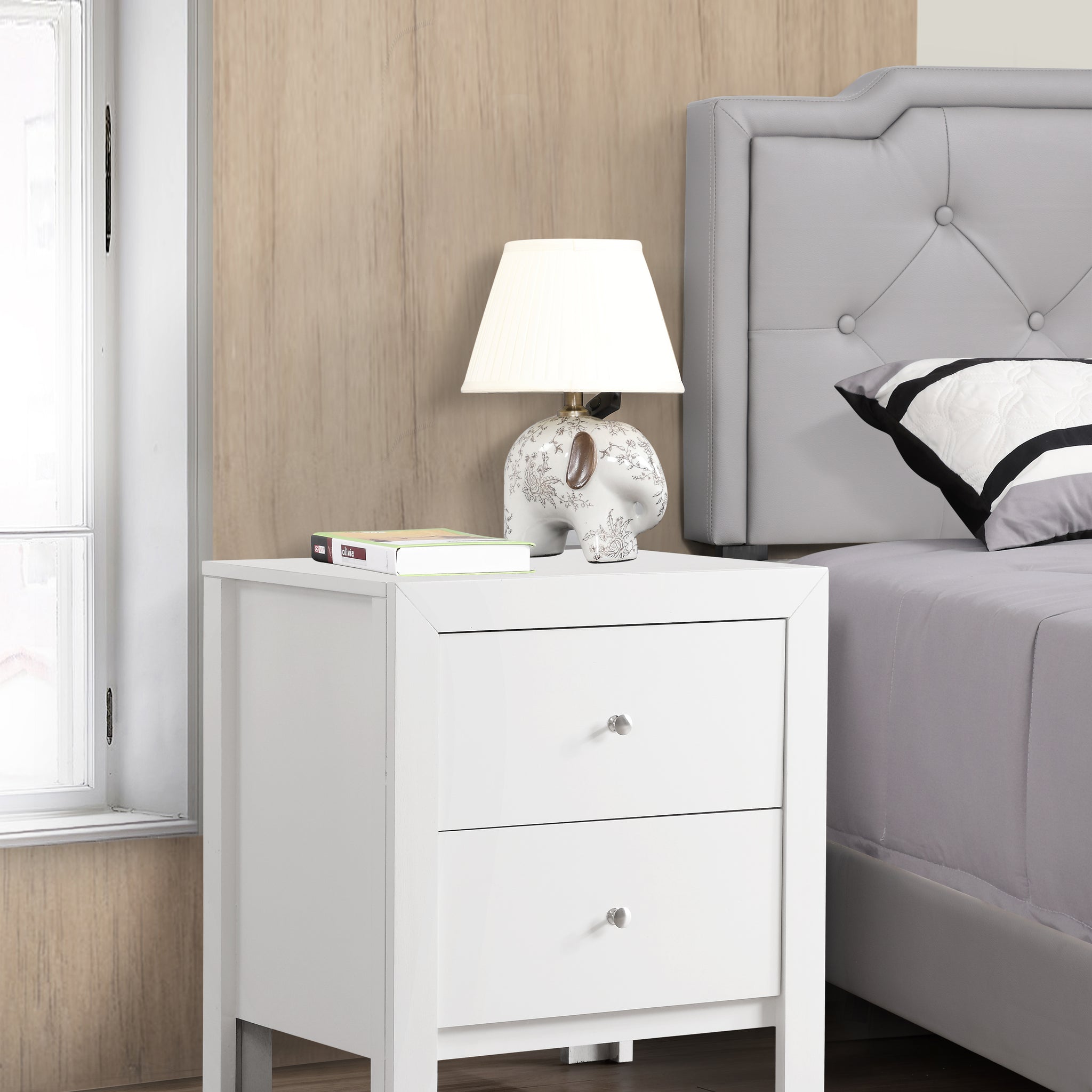 Elegant White Transitional Nightstand White 2 Drawers Dovetail Joints White Particle Board