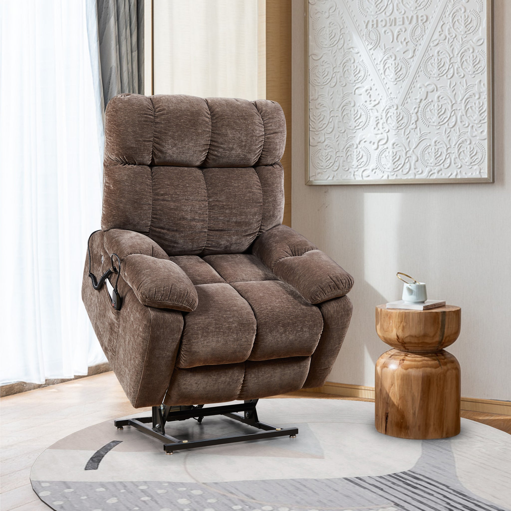 Liyasi Electric Power Lift Recliner Chair With 2 Motors Massage And Heat For Elderly, 3 Positions, 2 Side Pockets, Usb Charge Ports, High End Quality Cloth Power Reclining Chair Brown Foam Fabric