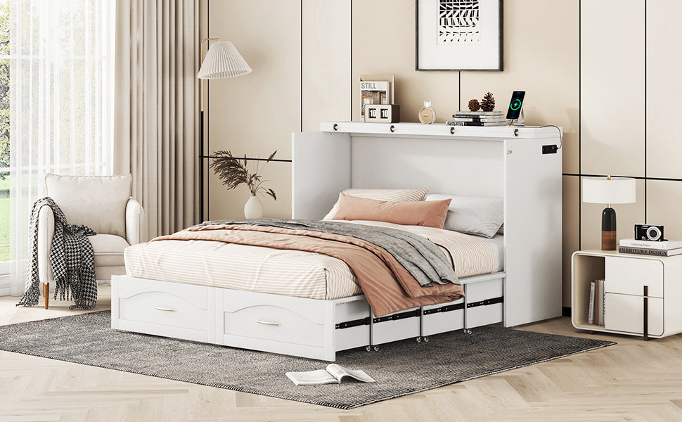 Queen Size Murphy Bed Wall Bed With Drawer And A Set Of Sockets & Usb Ports, Pulley Structure Design, White White Solid Wood Mdf