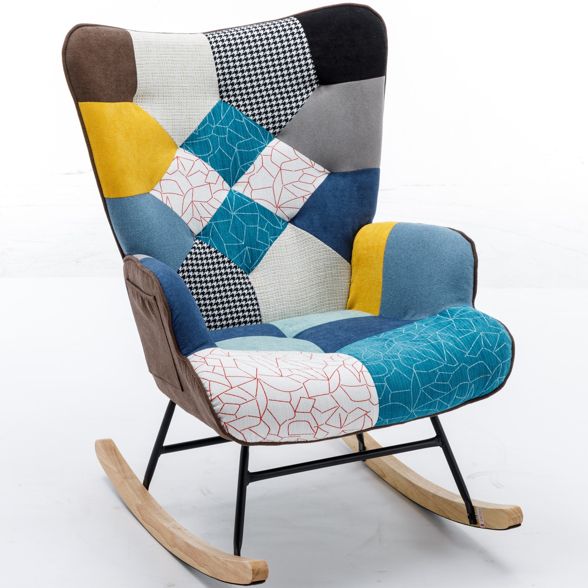 Modern Patchwork Accent Chair With Solid Wood Armrest And Feet, Mid Century Modern Accent Sofa, Fabric Sofa Chair For Living Room Bedroom Studio, Comfy Side Armchair For Bed Blue Antique Blue Foam Cotton Linen