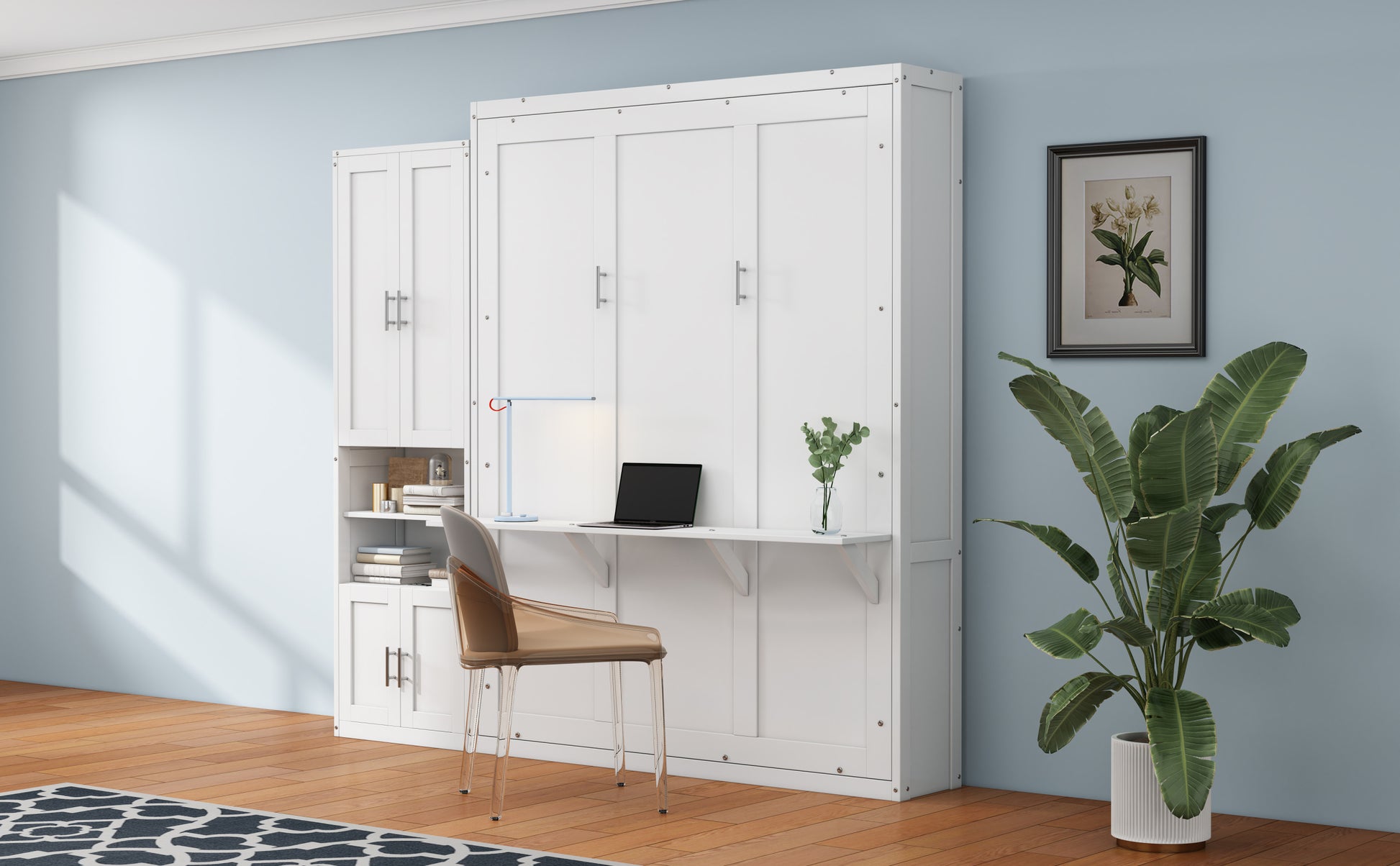 Full Size Murphy Bed With 1 Side Cabinet Storage Shelf, 61.5 Inch Cabinet Bed Folding Wall Bed With Desk Combo Perfect For Guest Room,Study, Office,White Old Sku:Bs300609Aac Box Spring Not Required Full White Wood White Pine Murphy Solid Wood Mdf