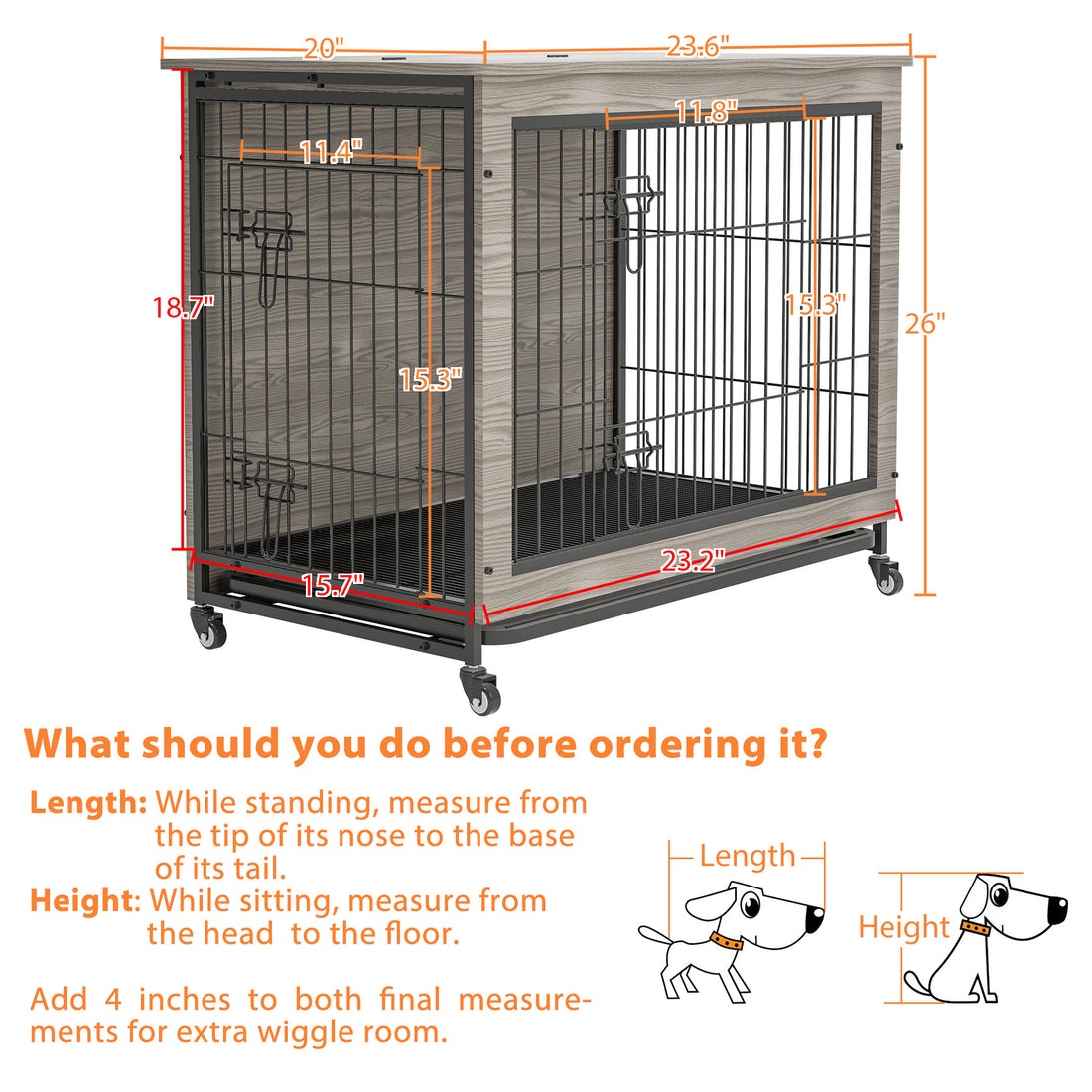 23.6"L X 20"W X 26"H Dog Crate Furniture With Cushion, Wooden Dog Crate Table, Double Doors Dog Furniture, Dog Kennel Indoor For Small Dog, Dog House, Dog Cage Small, Rustic Brown Grey Grey Small 11 25 Lbs Mdf Metal