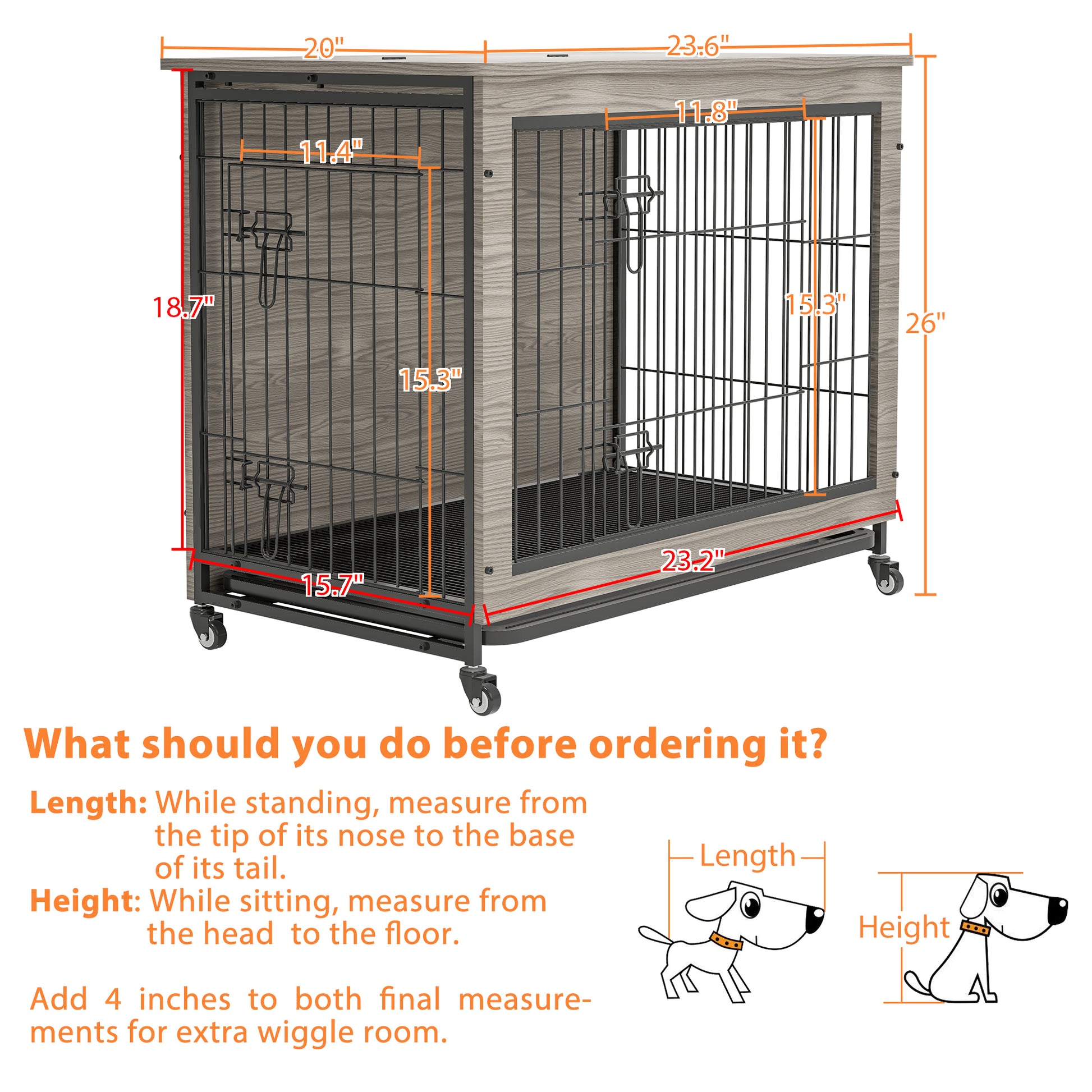 23.6"L X 20"W X 26"H Dog Crate Furniture With Cushion, Wooden Dog Crate Table, Double Doors Dog Furniture, Dog Kennel Indoor For Small Dog, Dog House, Dog Cage Small, Rustic Brown Grey Grey Small 11 25 Lbs Mdf Metal