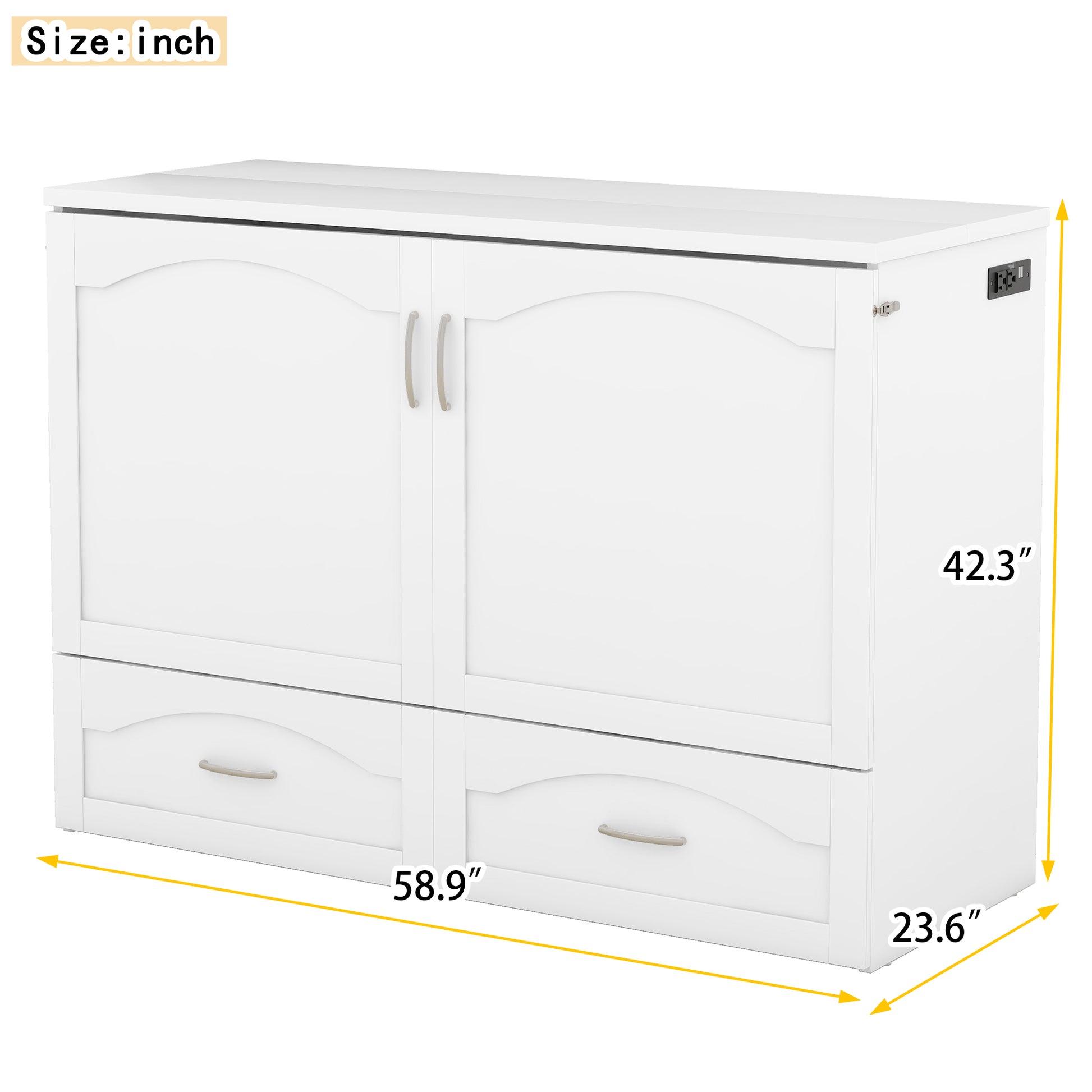 Full Size Murphy Bed Wall Bed With Drawer And A Set Of Sockets & Usb Ports, Pulley Structure Design, White White Solid Wood Mdf