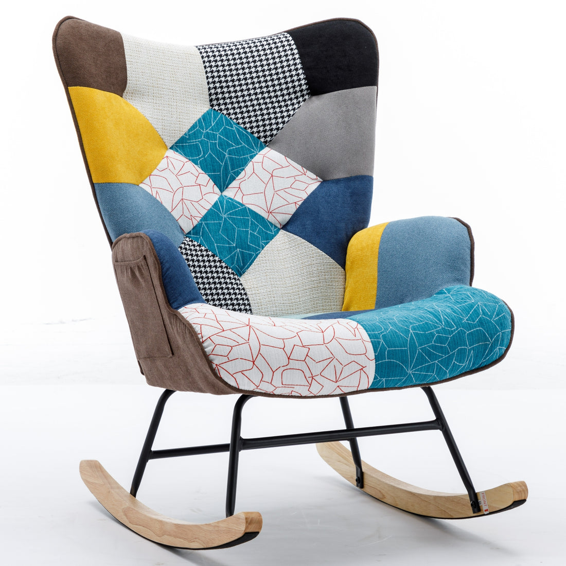 Modern Patchwork Accent Chair With Solid Wood Armrest And Feet, Mid Century Modern Accent Sofa, Fabric Sofa Chair For Living Room Bedroom Studio, Comfy Side Armchair For Bed Blue Antique Blue Foam Cotton Linen