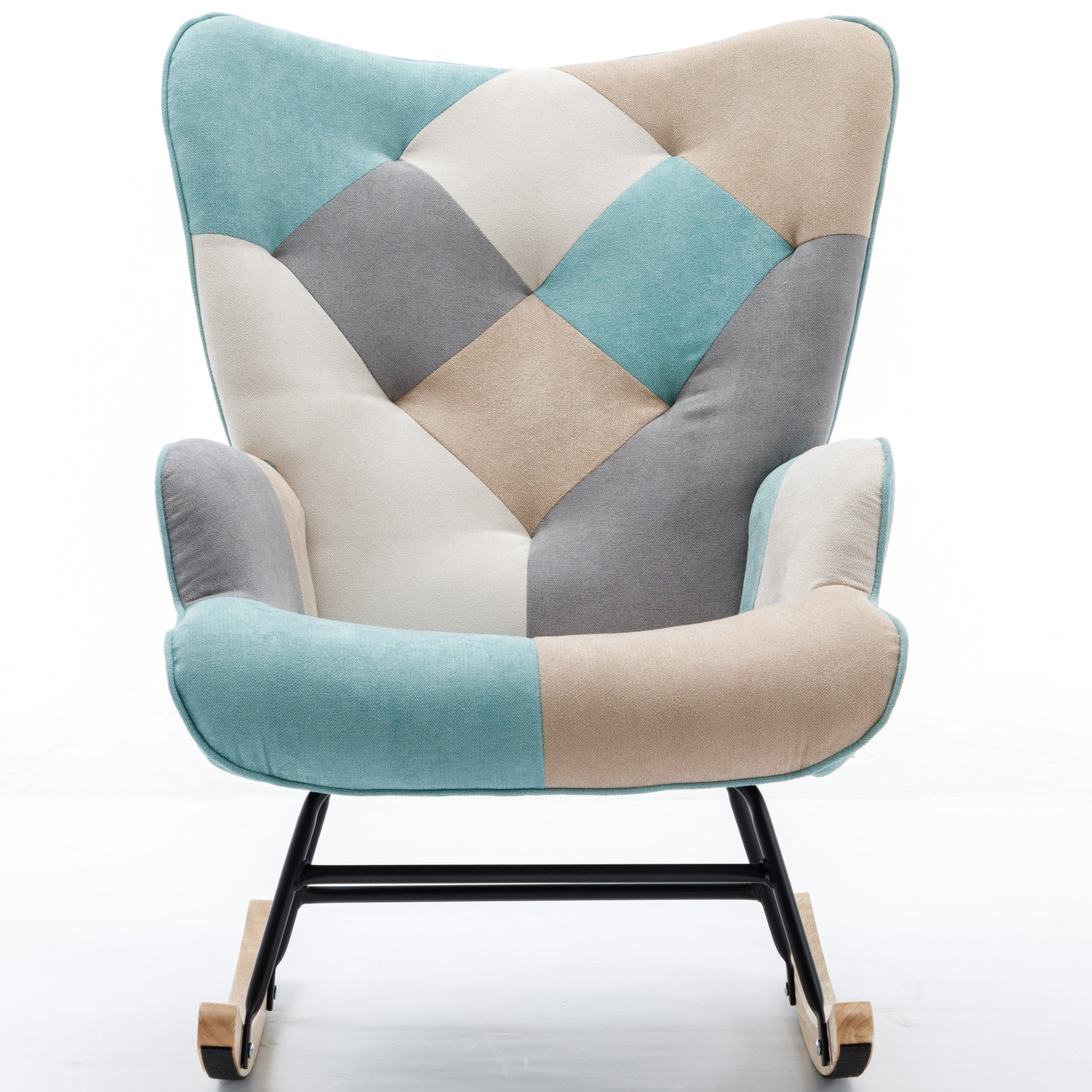 Modern Patchwork Accent Chair With Solid Wood Armrest And Feet, Mid Century Modern Accent Sofa, Fabric Sofa Chair For Living Room Bedroom Studio, Comfy Side Armchair For Bed Green Foam Cotton Linen