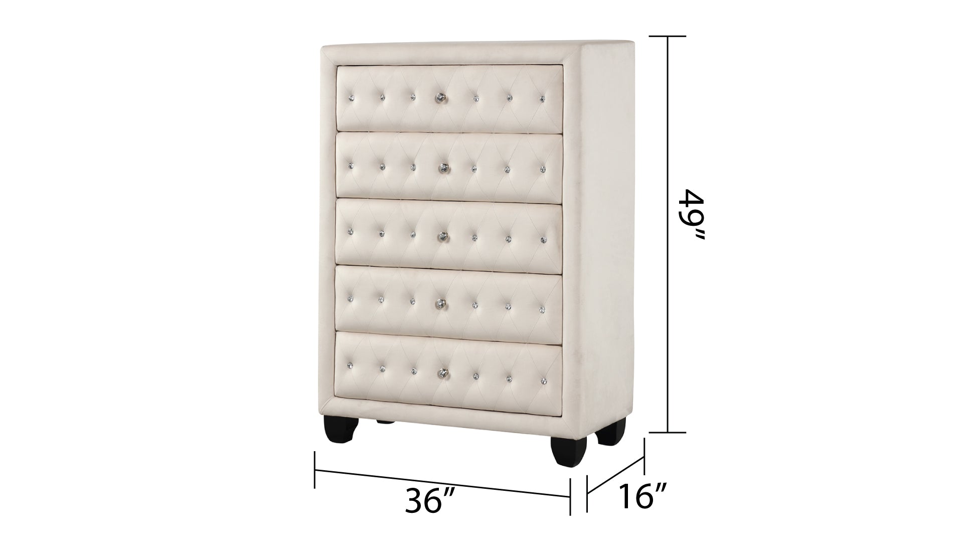 Sophia Modern Style Crystal Tufted Upholstery 5 Drawer Chest Finished With Velvet Fabric Made With Wood In Cream Cream Bedroom Contemporary,Modern Upholstered Wood