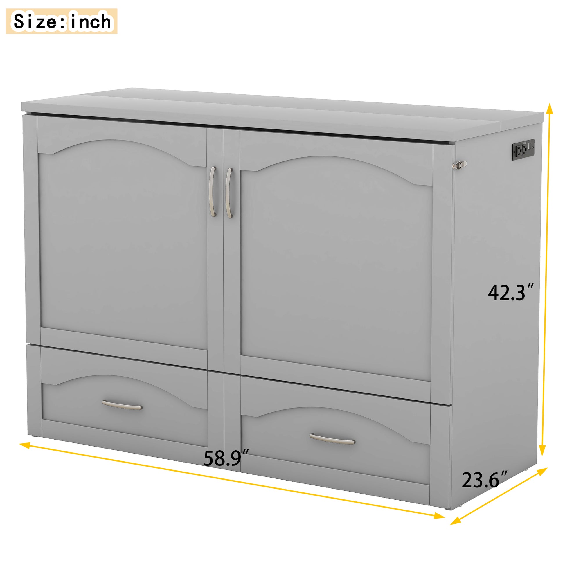 Full Size Murphy Bed Wall Bed With Drawer And A Set Of Sockets & Usb Ports, Pulley Structure Design, Gray Gray Solid Wood Mdf
