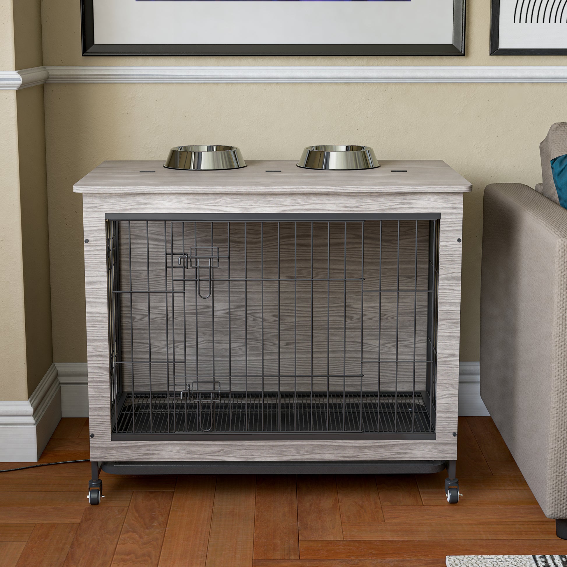 Dog Crate Furniture38'' Heavy Duty Wooden Dog Kennel With Double Doors & Flip Top For Large Dogs, Furniture Style Dog Crate End Table With Wheels, Grey 38.3"L X 23.4"W X 32"H Grey Solid Wood