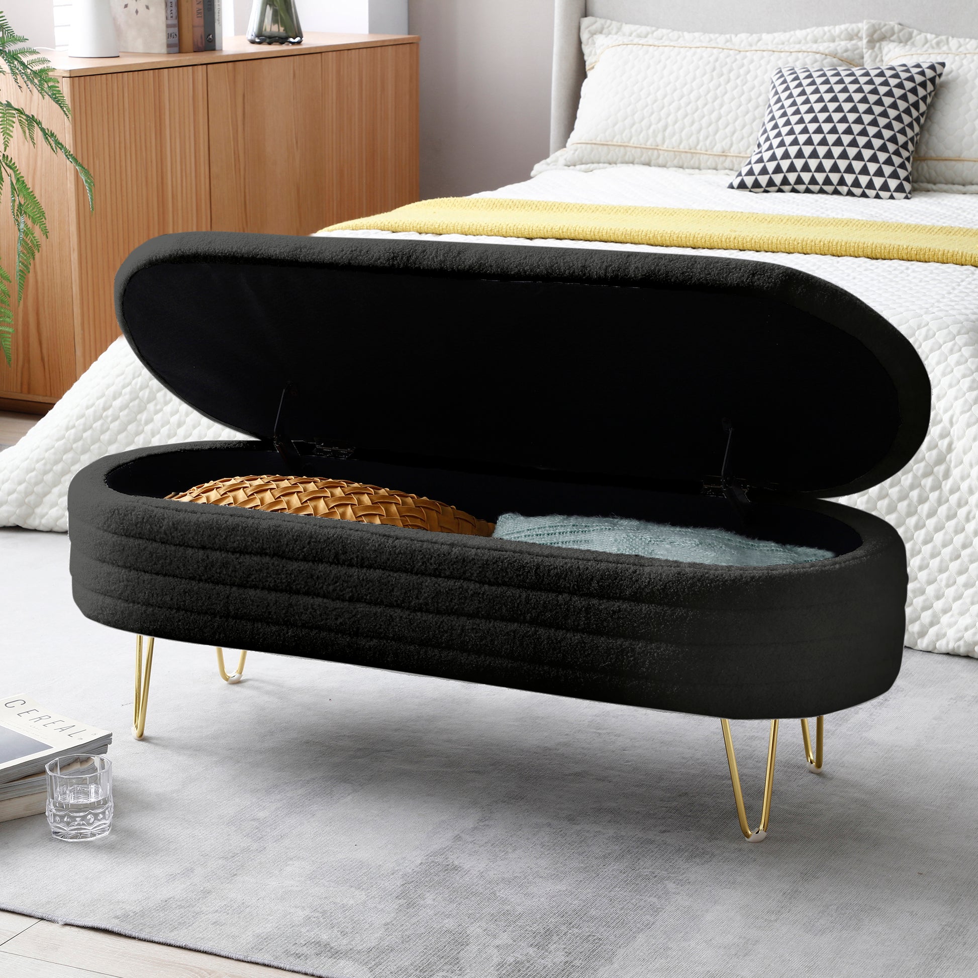 46.9" Width Oval Storage Bench With Gold Legs,Teddy Fabric Upholstered Ottoman Storage Benches For Bedroom End Of Bed,Sherpa Fabric Bench For Living Room,Dining Room,Entryway,Bed Side,Black Black Polyester