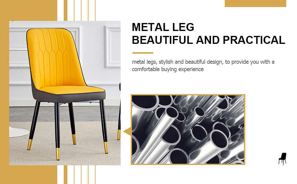 Table And Chair Set. Patterned Sintered Stone Tabletop With Black Metal Legs. Orange Yellow And Gray Dual Color Pu Backrest Cushion And Black Metal Leg Chair.1 Table And 4 Chair.001 007 White Sintered Stone