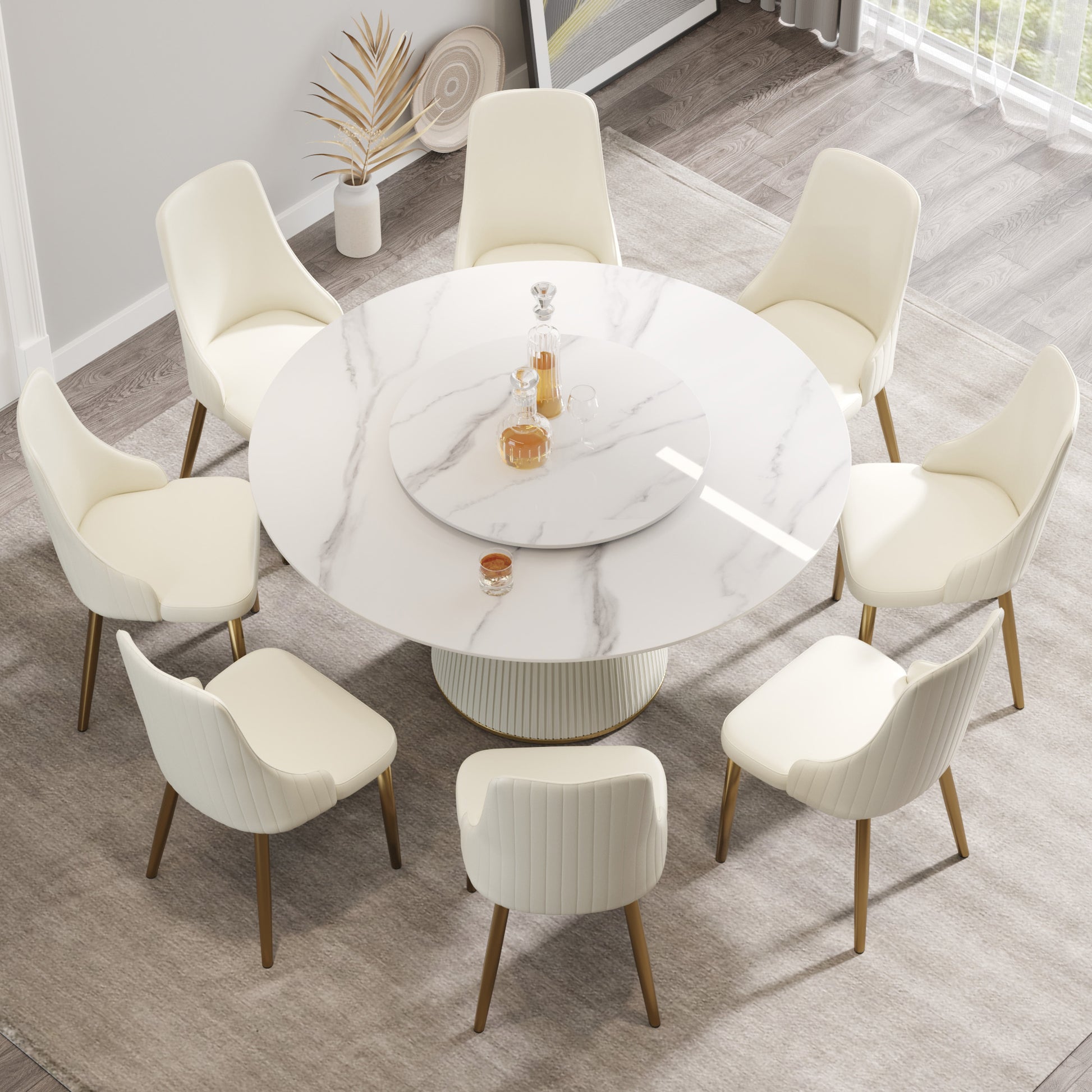 59.05 "Modern White Artificial Stone Round Beige Plywood Pu Base Dining Table Can Accommodate 8 People 31.5"White Artificial Stone Turntable Not Including Chairs. White Dining Room Plywood Sintered Stone