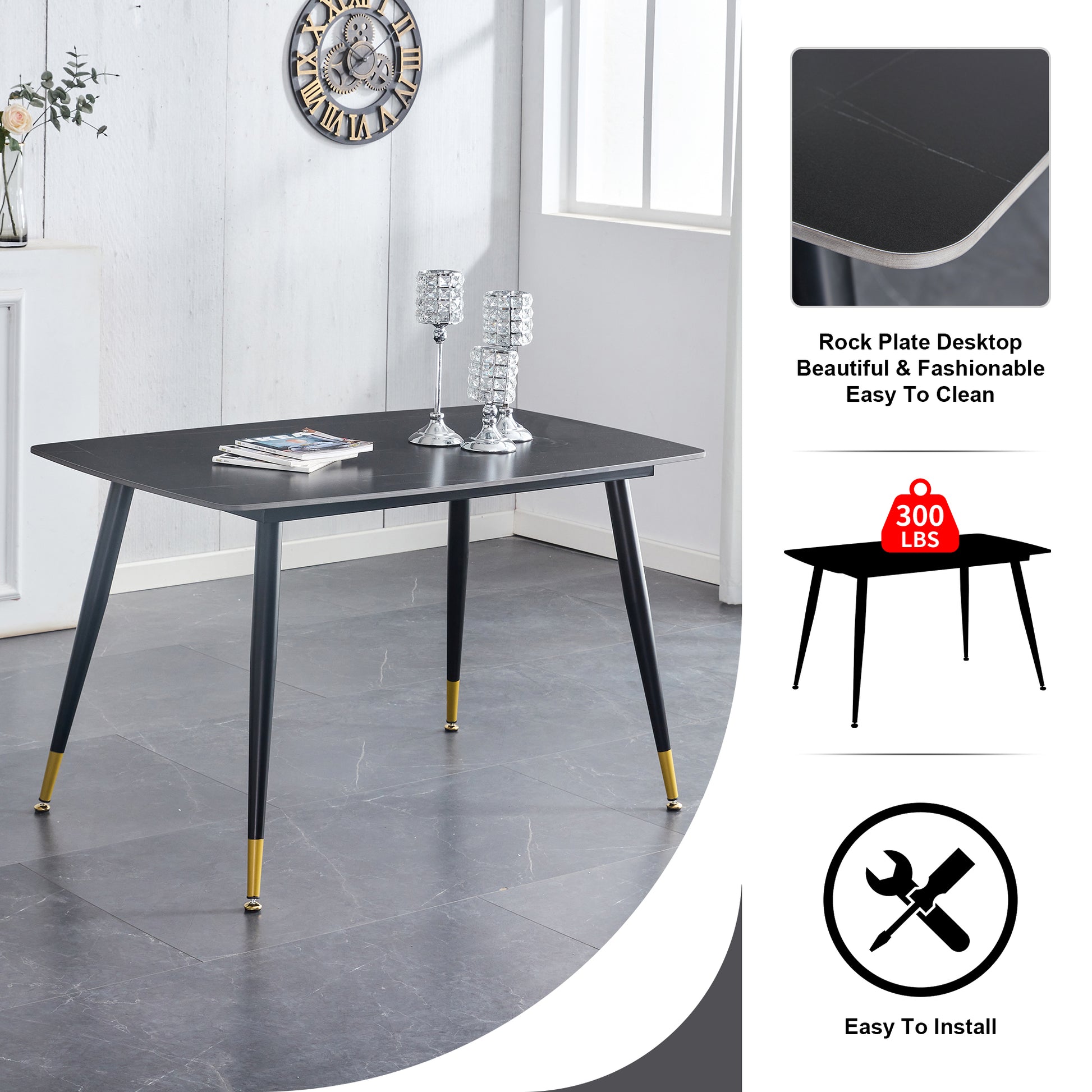 Table And Chair Set. Black Sintered Stone Tabletop With Black Metal Legs. Orange Deep Gray Dual Tone Pu Leather Backrest And Black Metal Leg Chair. 1 Table And 4 Chairs F 001 C 007 Black Sintered Stone
