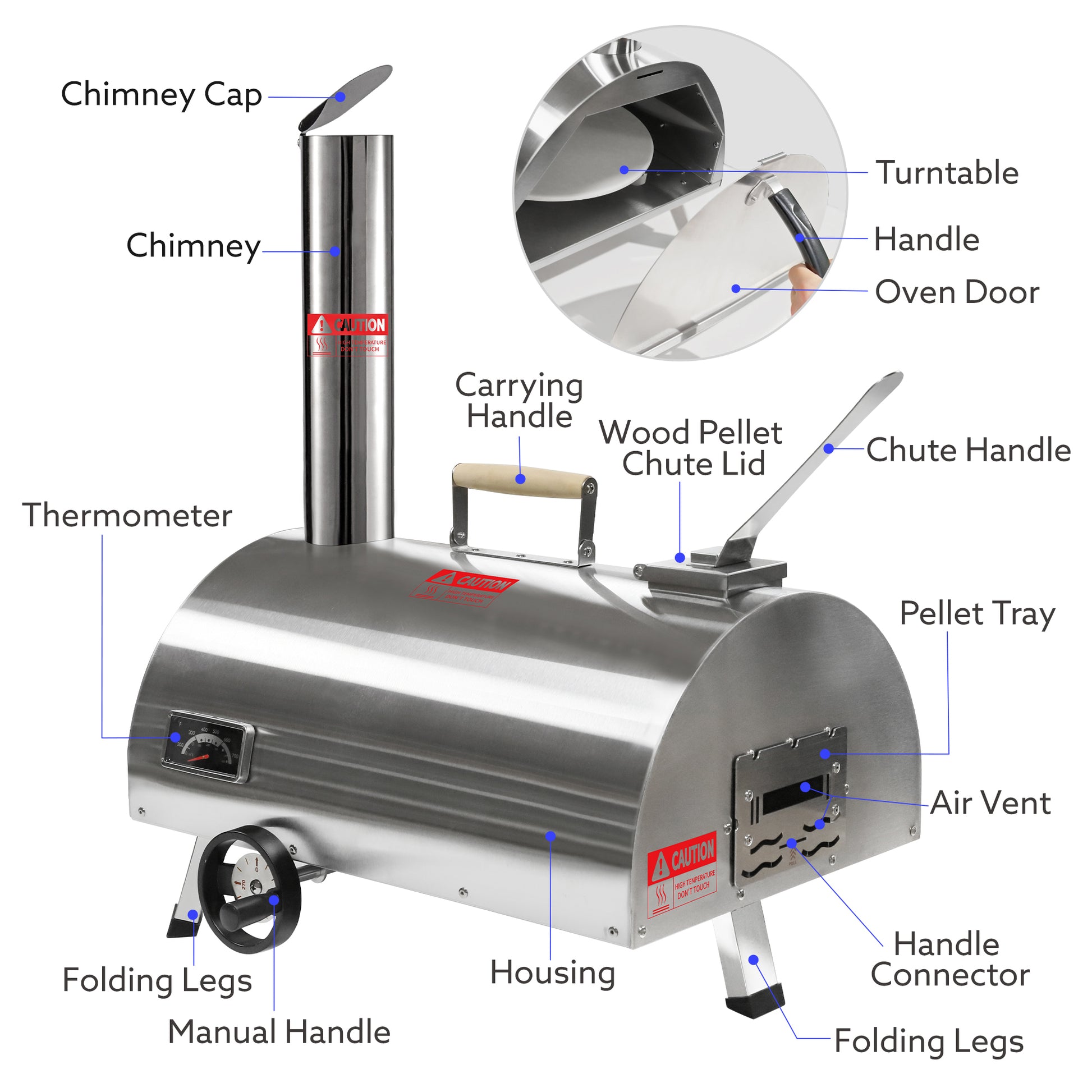 Silver Pizza Oven Outdoor 12" Semi Automatic Rotatable Pizza Ovens Portable Stainless Steel Wood Fired Pizza Oven Pizza Maker With Built In Thermometer Pizza Cutter Carry Bag Silver Garden & Outdoor American Design Stainless Steel Stainless Steel