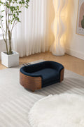 Scandinavian Style Elevated Dog Bed Pet Sofa With Solid Wood Legs And Walnut Bent Wood Back, Cashmere Cushion,Small Size Dark Blue Foam Solid Wood