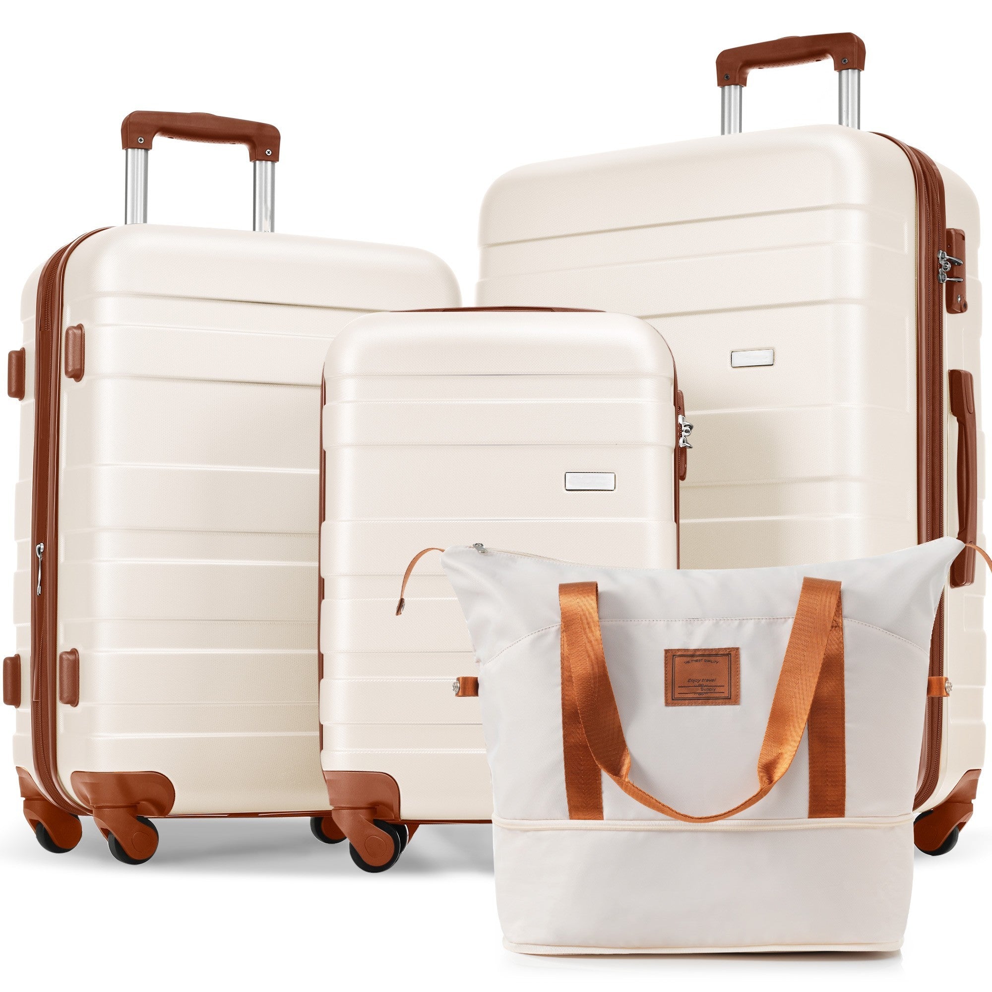 Luggage Sets 4 Piece, Expandable Abs Durable Suitcase With Travel Bag, Carry On Luggage Suitcase Set With 360 Spinner Wheels, Ivory And Brown Ivory Abs