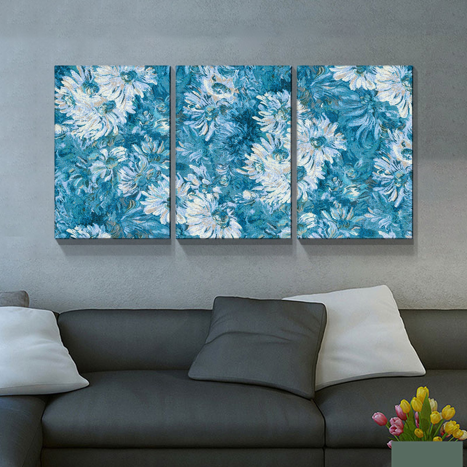 Framed Canvas Wall Art Decor Abstract Painting, Cyan Color Daisy Oil Painting Style Decoration For Restaurant, Kitchen, Dining Room, Office Living Room, Bedroom Decor Ready To Hang Rectangle Framed Multicolor Oversized 41In Canvas Food&Beverage