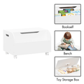 Wooden Toy Box With 4 Universal Wheels, Kids Toy Storage Organizer With Front Bookshelf, Flip Top Lid, Safety Hinge, Boys Girls Toy Chest Bench For Playroom Kids Room Organization White White Mdf