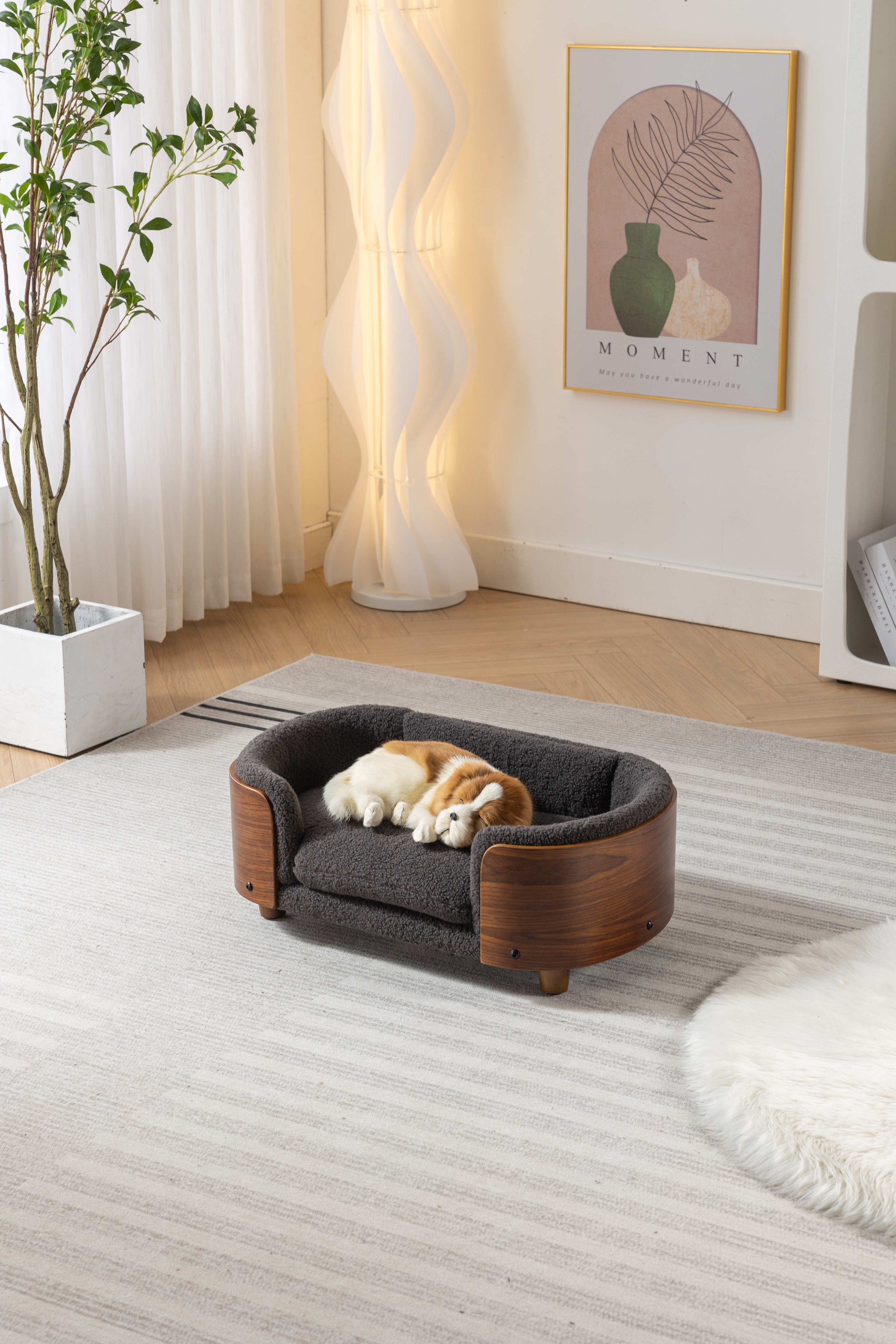 Scandinavian Style Elevated Dog Bed Pet Sofa With Solid Wood Legs And Walnut Bent Wood Back, Cashmere Cushion,Small Size Dark Gray Foam Solid Wood