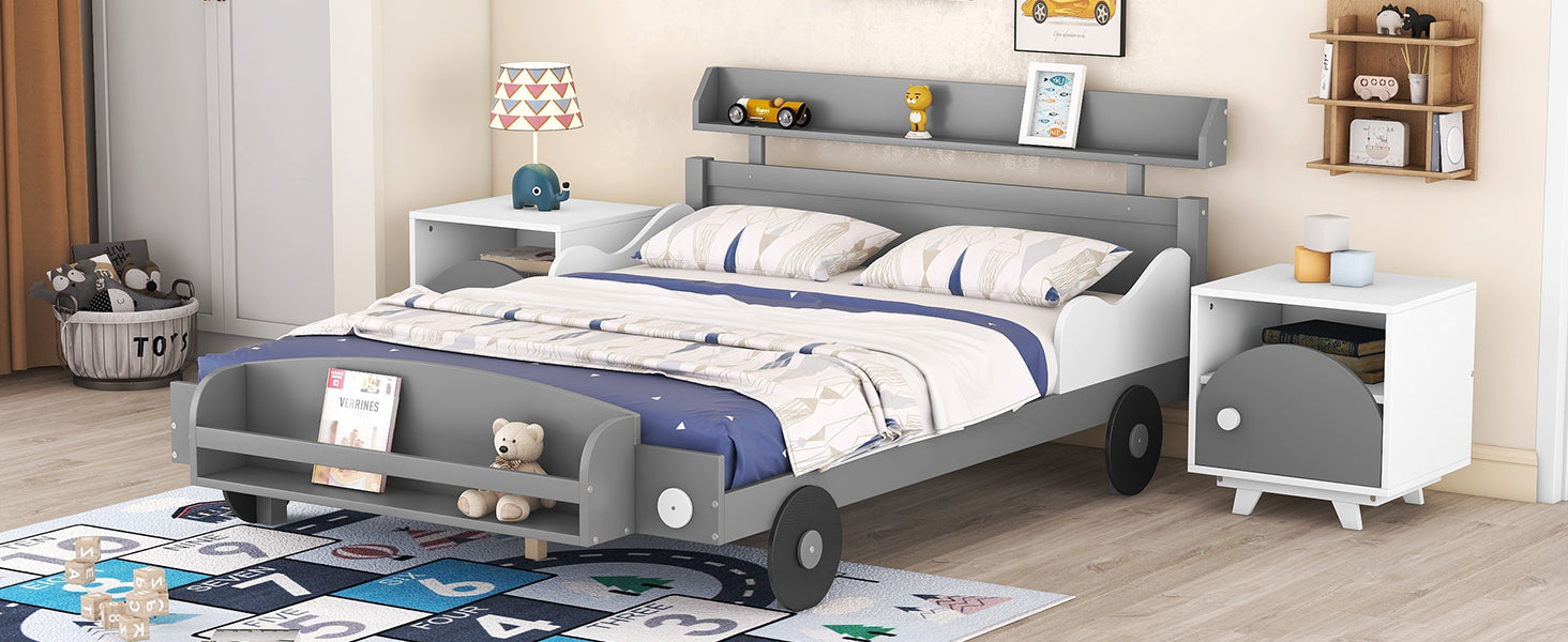 Full Size Car Shaped Platform Bed,Full Bed With Storage Shelf For Bedroom,Gray Gray Wood