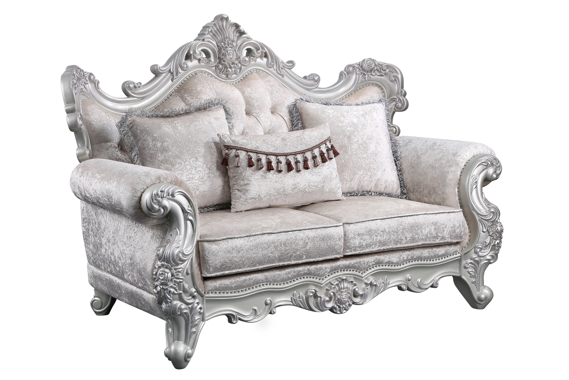 Melrose 2Pc Traditional Living Room Set In Champagne With Silver Brush Silver Gray Chenille Wood Primary Living Space Traditional Wood 5 Seat
