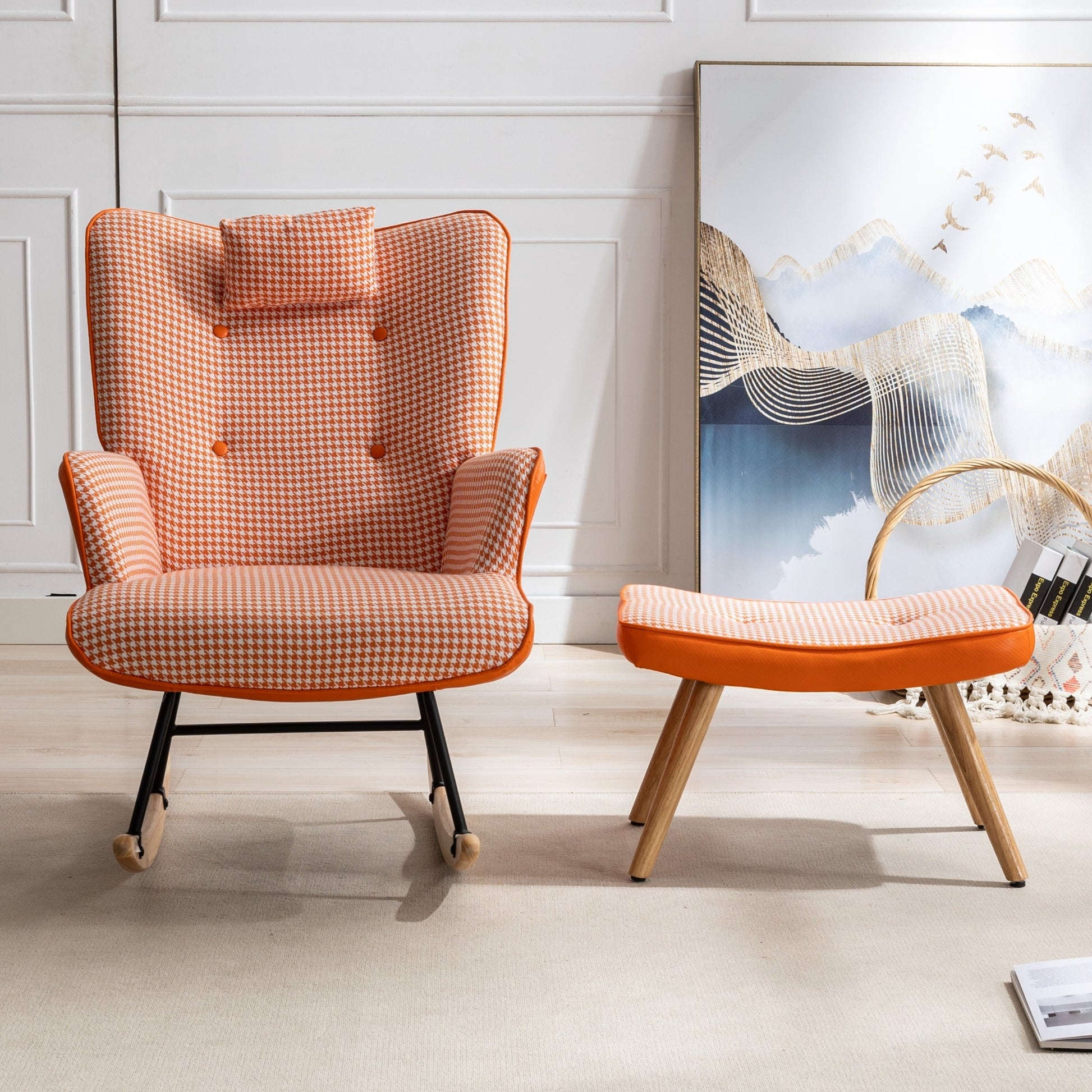35.5 Inch Rocking Chair, Soft Houndstooth Fabric Leather Fabric Rocking Chair For Nursery, Comfy Wingback Glider Rocker With Safe Solid Wood Base For Living Room Bedroom Balcony Orange Orange Casual Foam Cotton Linen