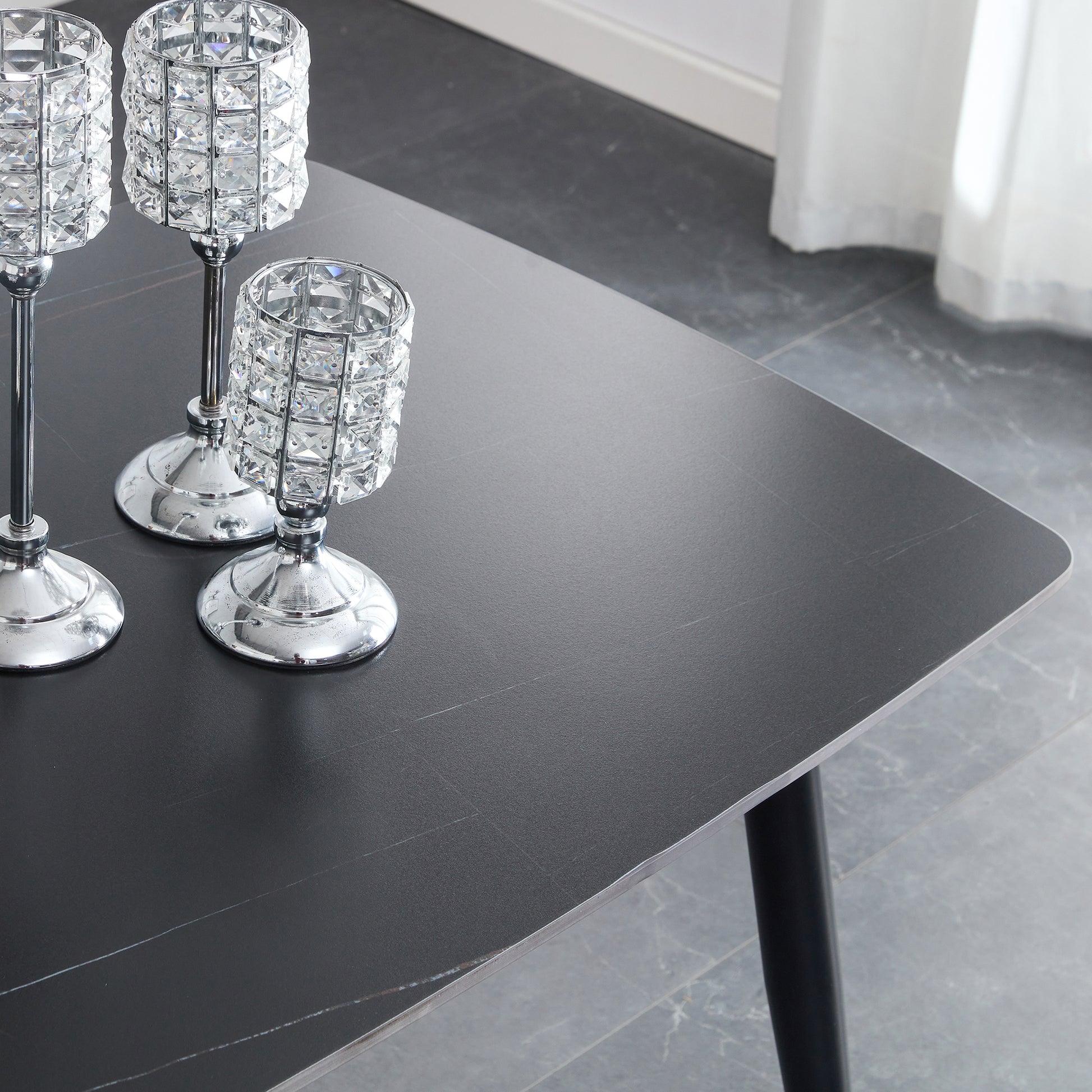 Table And Chair Set. Black Sintered Stone Tabletop With Black Metal Legs. Orange Deep Gray Dual Tone Pu Leather Backrest And Black Metal Leg Chair. 1 Table And 4 Chairs F 001 C 007 Black Sintered Stone