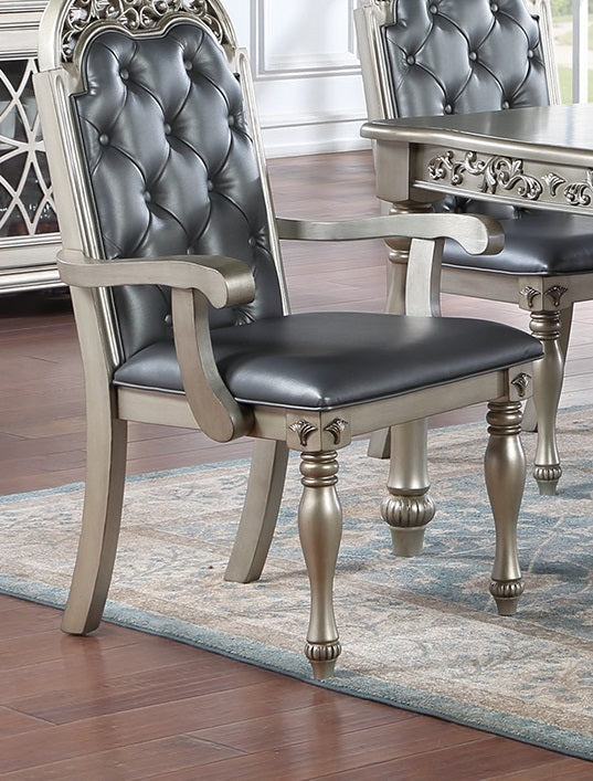 Majestic Formal Set Of 2 Arm Chairs Grey Silver Finish Rubberwood Dining Room Furniture Intricate Design Cushion Upholstered Seat Tufted Back Silver Grey Gray Dining Room Luxury,Traditional Arm Chair Rubberwood Tufted Back Rubber Wood